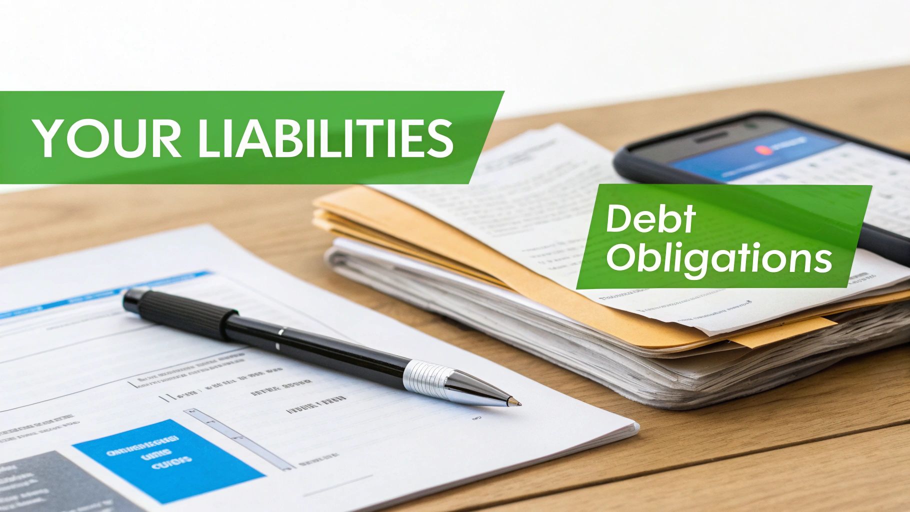 Financial documents, a pen, and a smartphone on a desk with text overlays 'YOUR LIABILITIES' and 'Debt Obligations'.