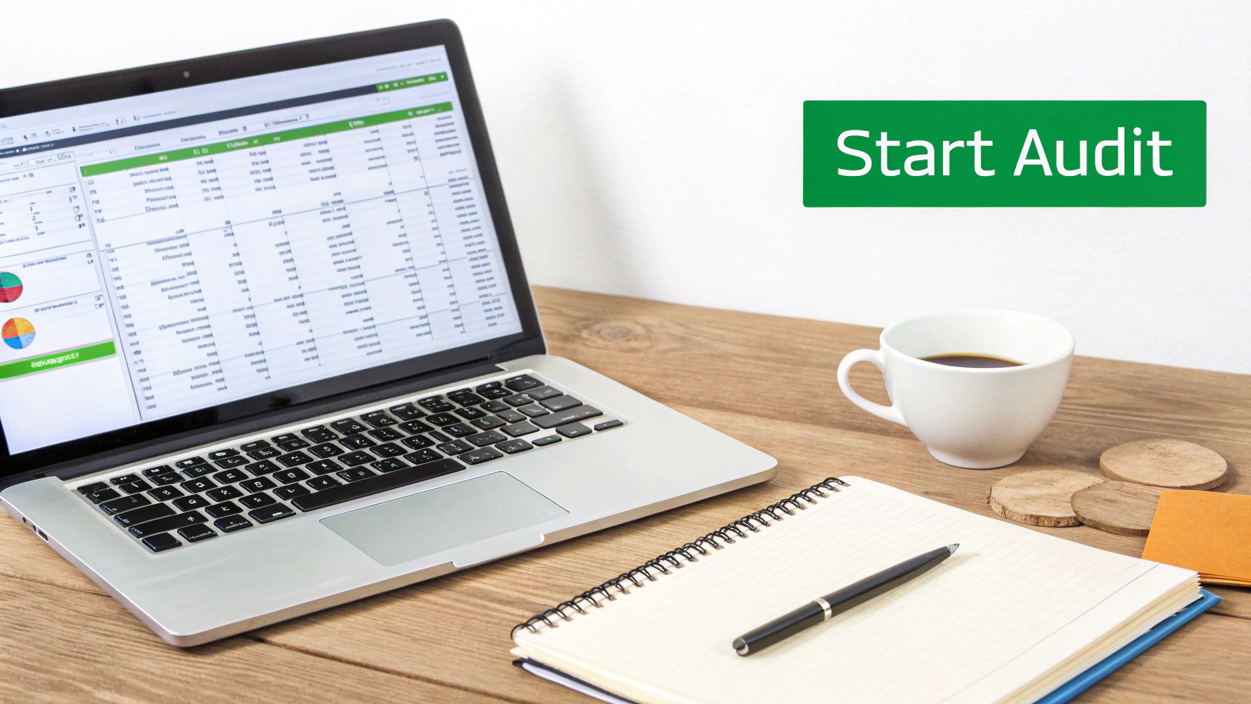 Laptop displaying spreadsheet data with start audit button, notebook and coffee on wooden desk
