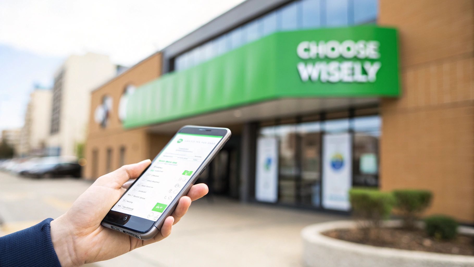 A hand holds a smartphone showing a financial app in front of a building with a 'Choose Wisely' sign.