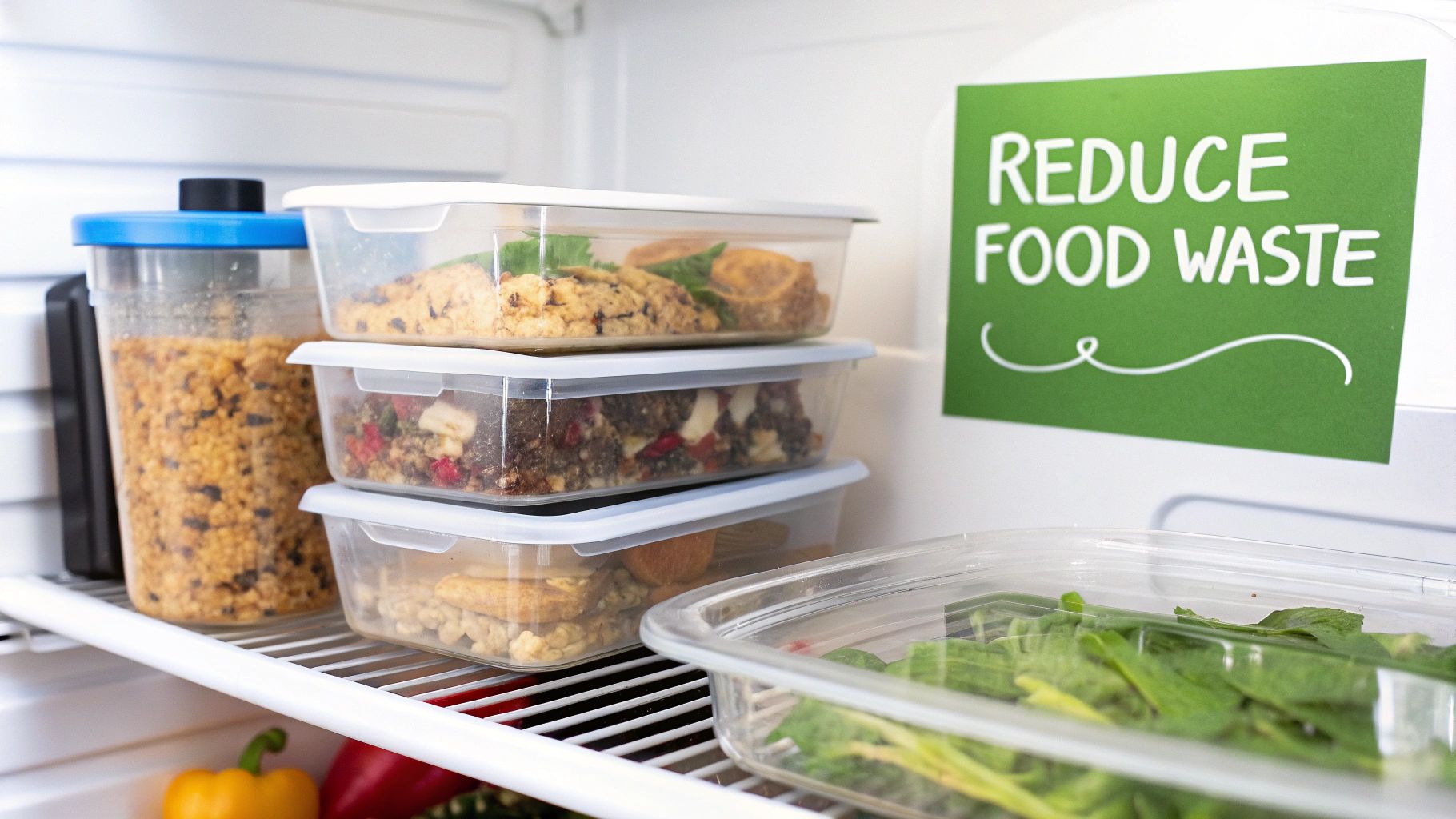 Inside a refrigerator with stacked clear containers of prepped meals and a 'Reduce Food Waste' sign.