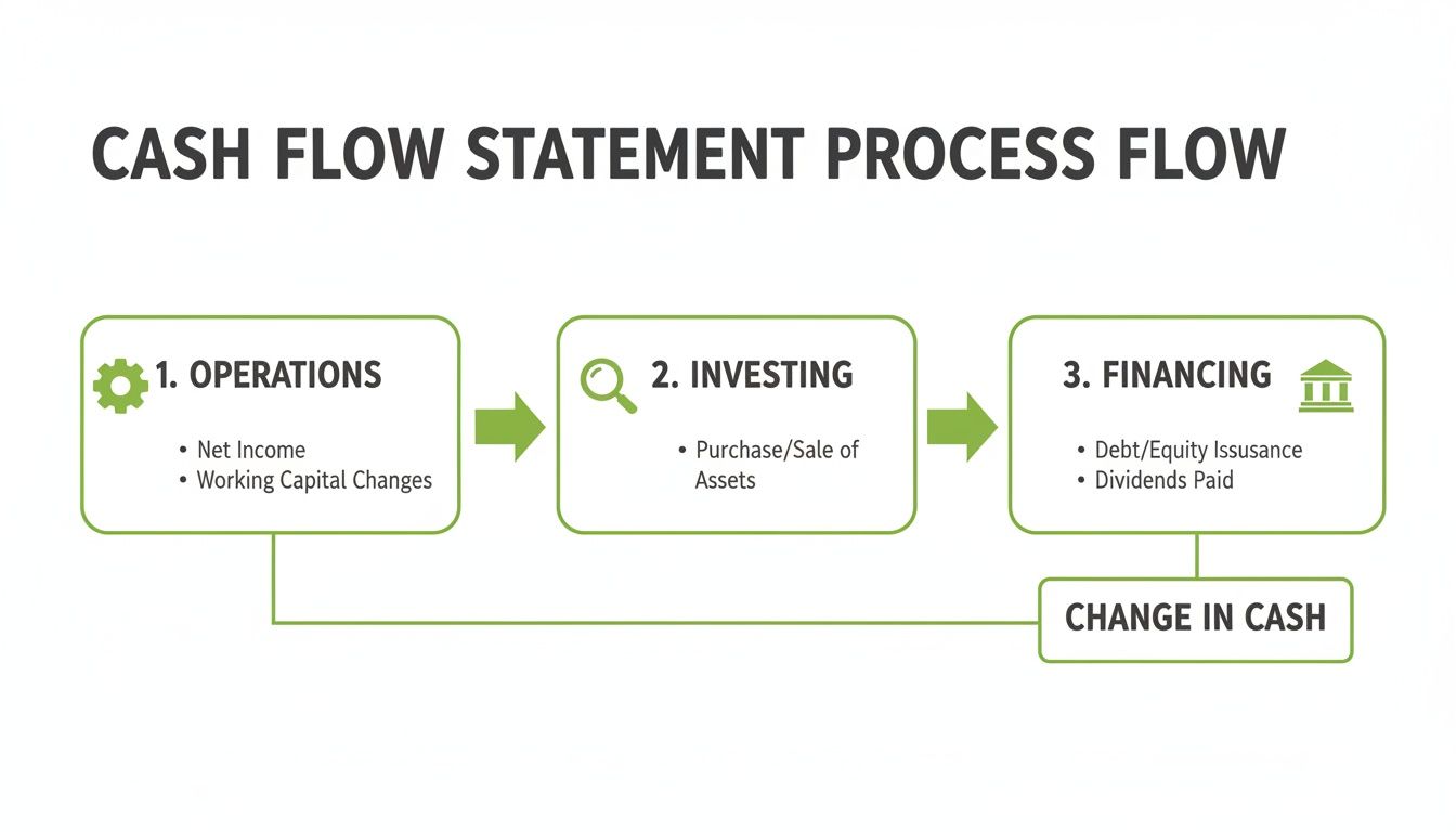A diagram illustrating the cash flow statement process, showing operations, investing, and financing activities.