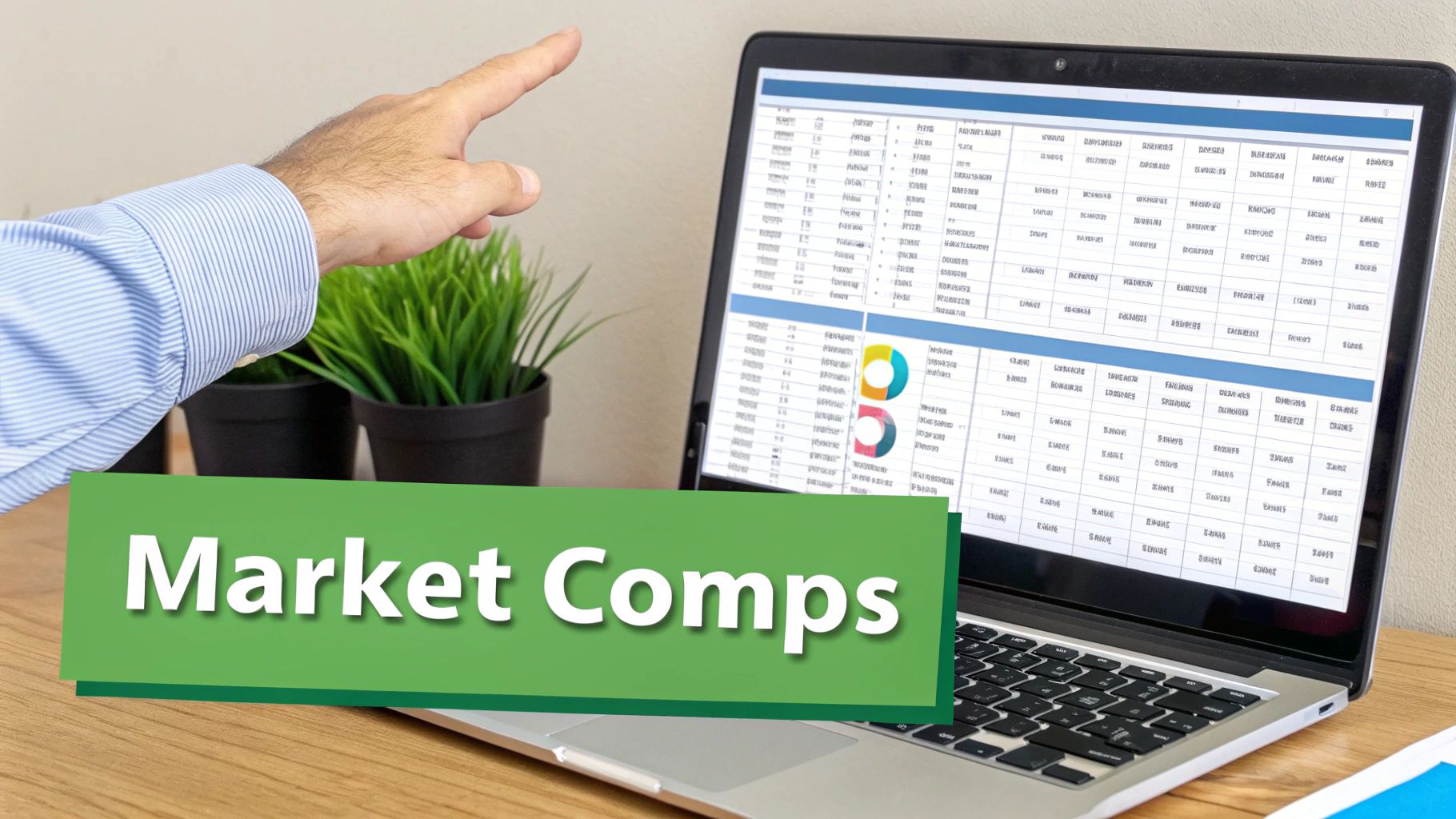 A person points at a laptop screen displaying market comparison data and charts with a 'Market Comps' banner.