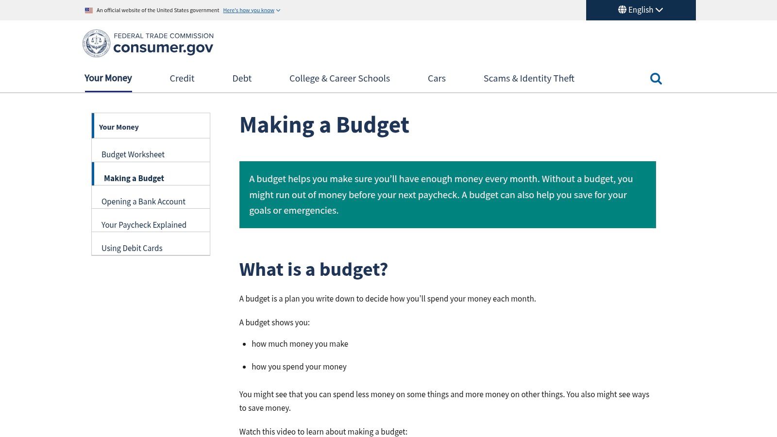 U.S. Consumer.gov (Federal Trade Commission) – Budget Worksheet