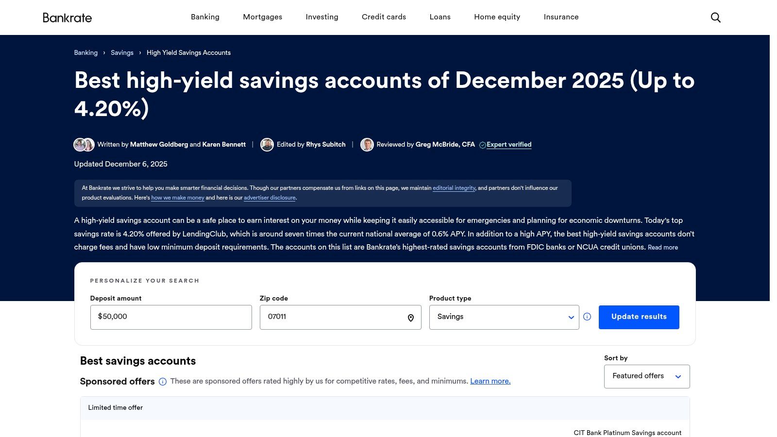 Bankrate — Best High‑Yield Savings Accounts (expert-verified list)
