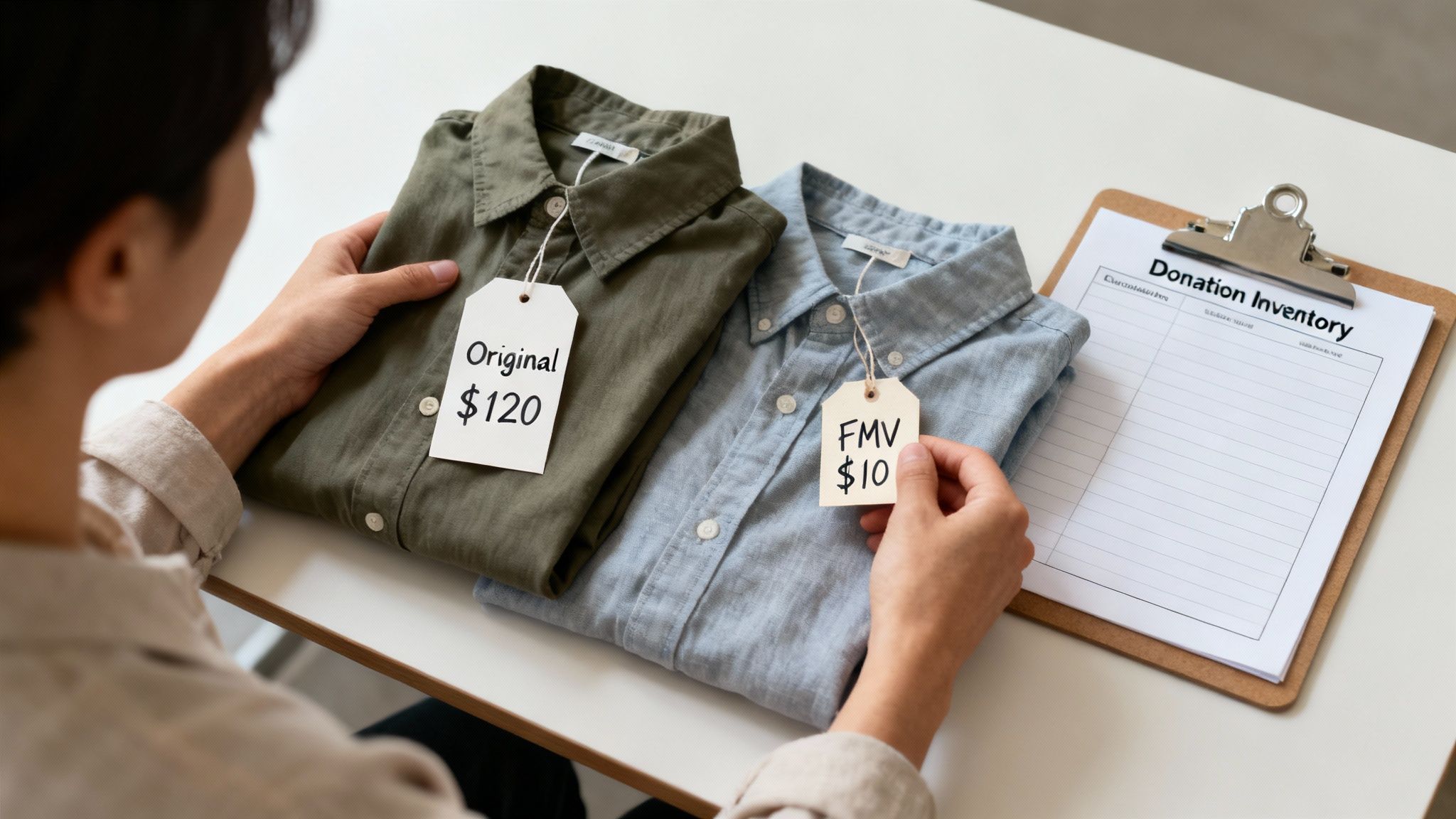 A person holding a box of clothes ready for donation, with a neat closet in thebackground.
