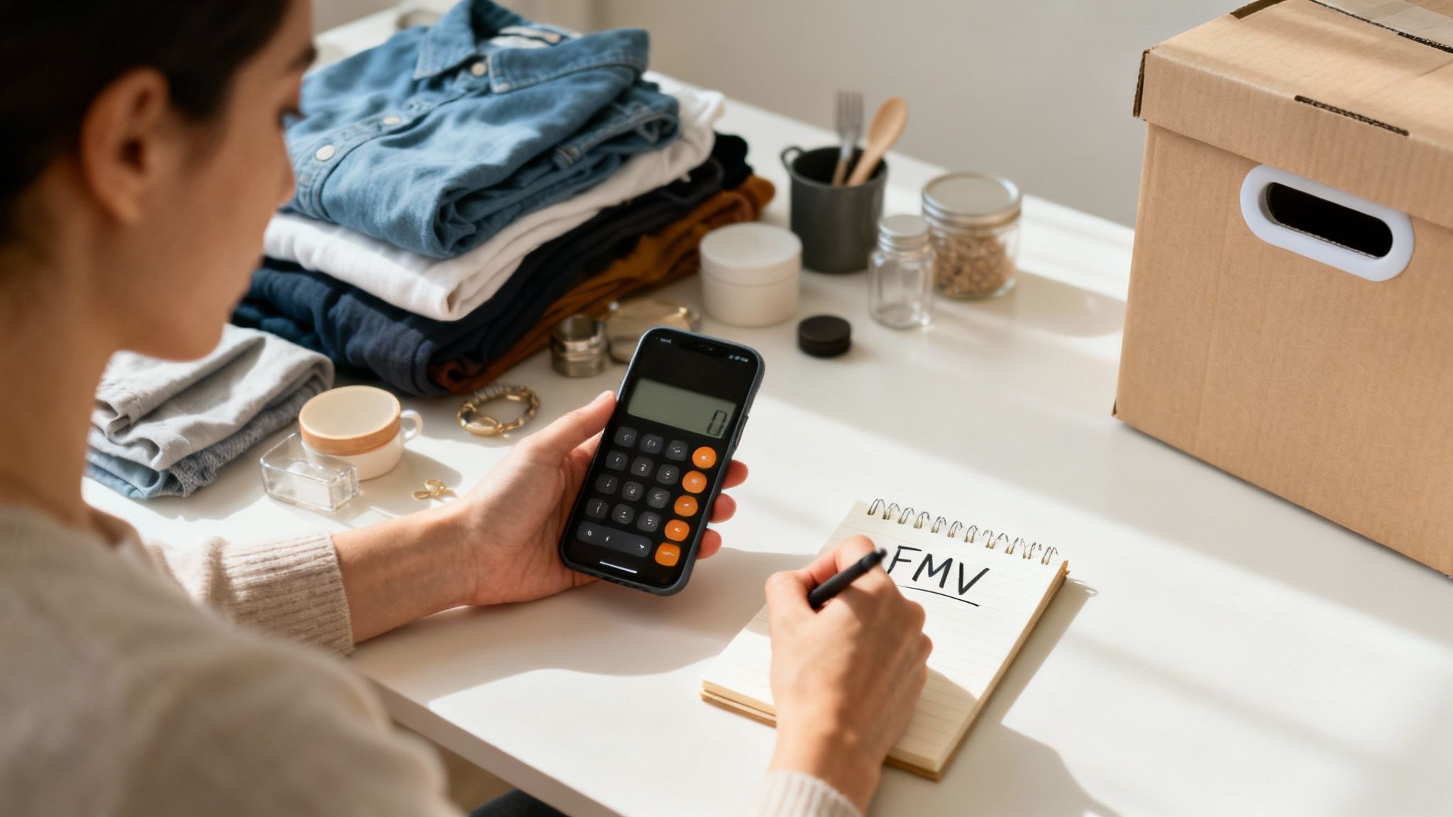 A person holding a cardboard box filled with items for donation to Goodwill.