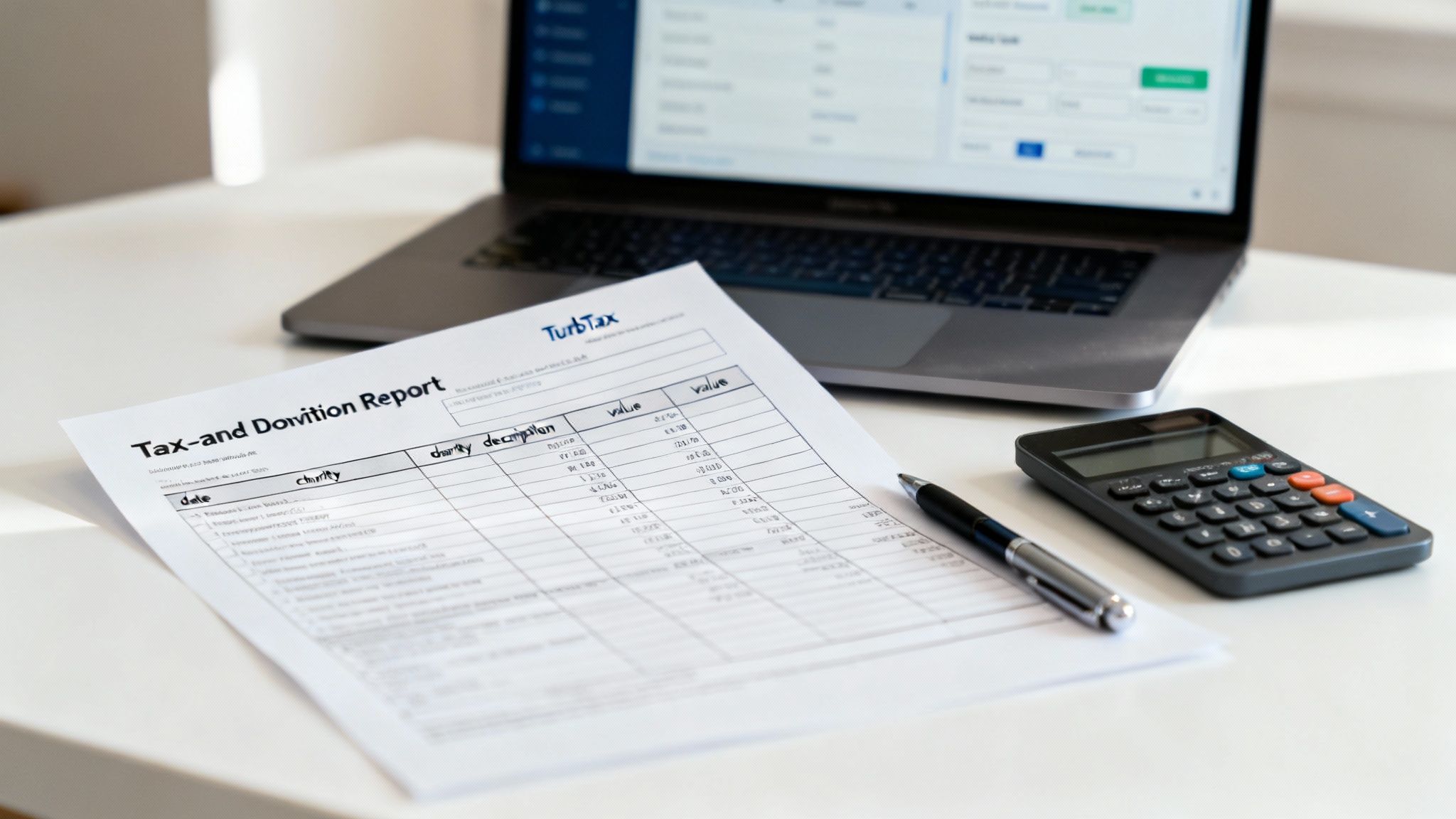A detailed tax report on a tablet screen, ready for filing with TurboTax.