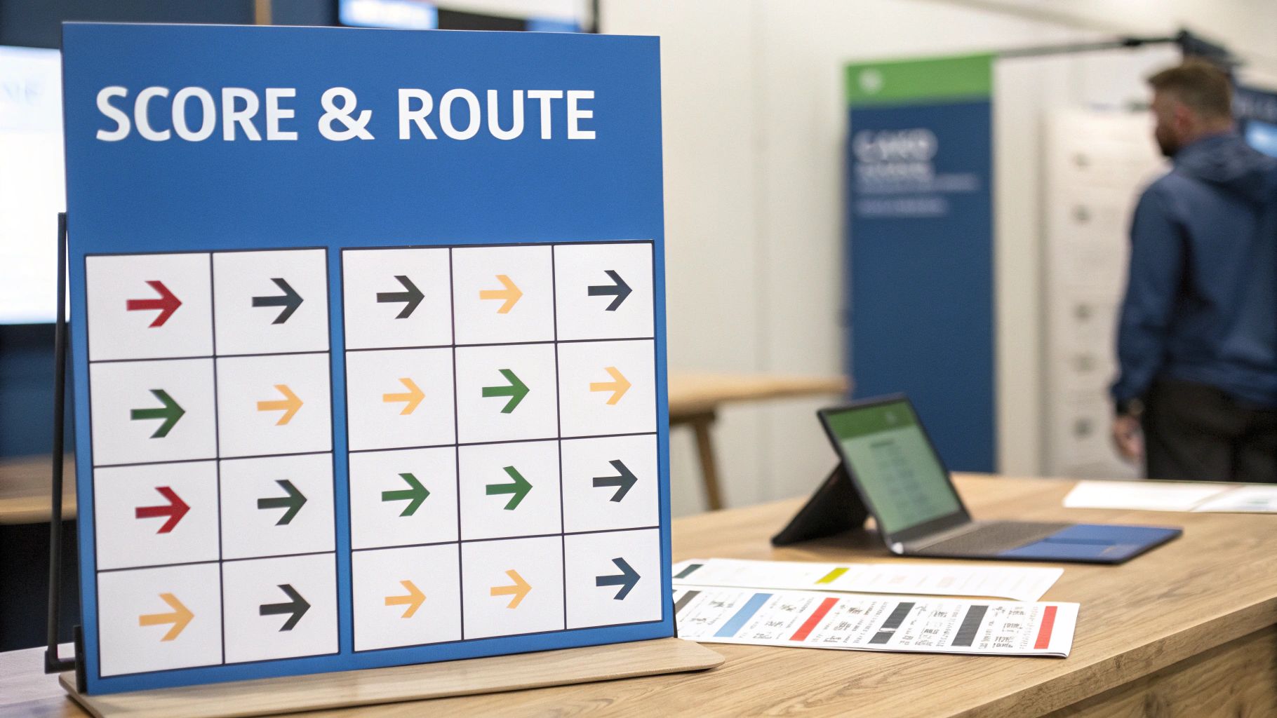 A 'SCORE & ROUTE' sign with a grid of colorful right-pointing arrows at a business event.