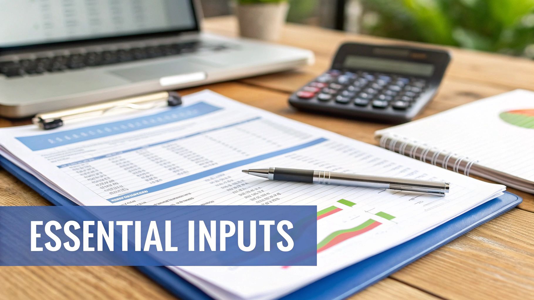 Desk setup with financial reports, a laptop, calculator, and pen, illustrating essential inputs.