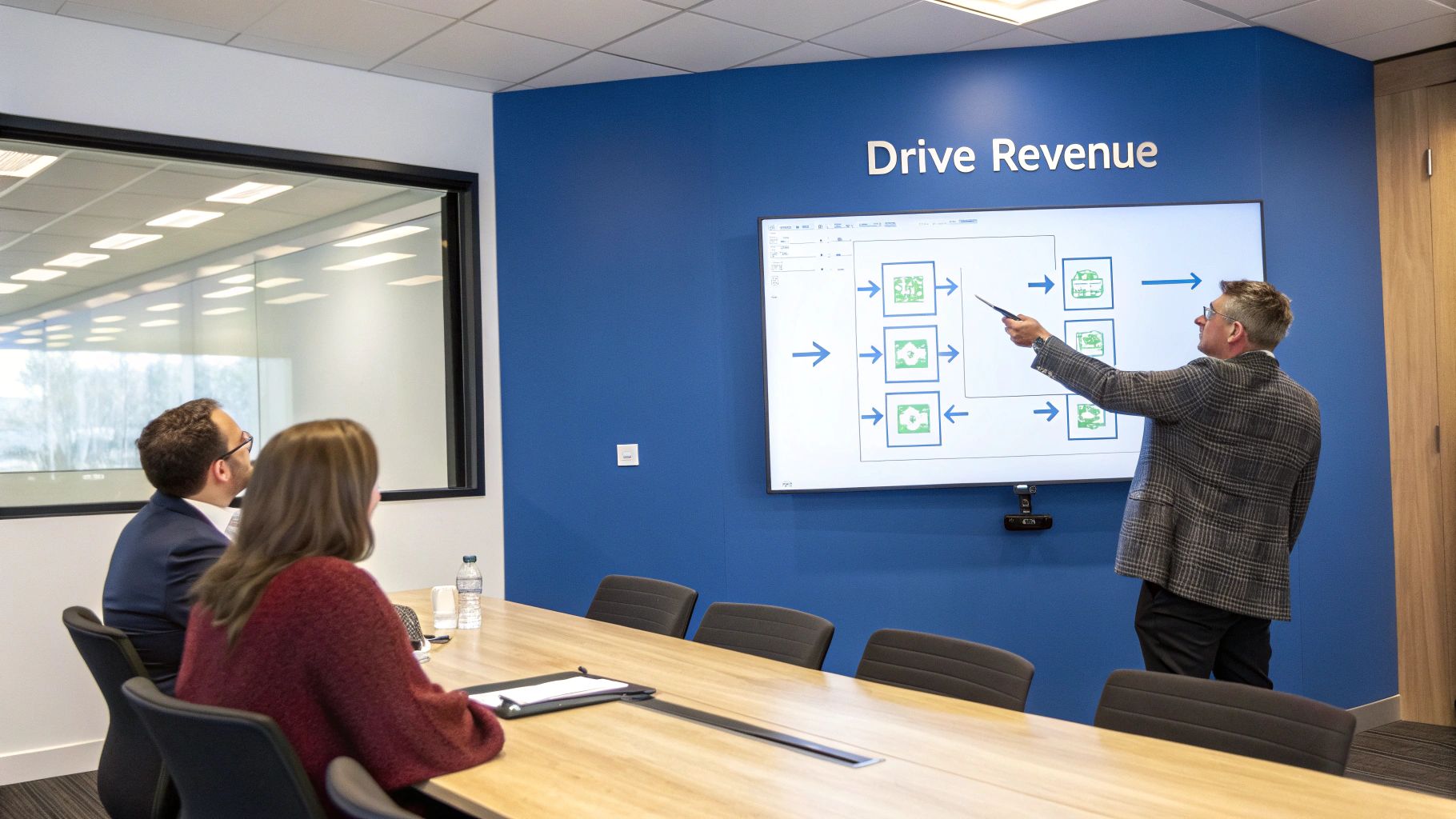A team collaborating around a table with laptops, focused on analyzing charts and data, symbolizing strategic business process streamlining.