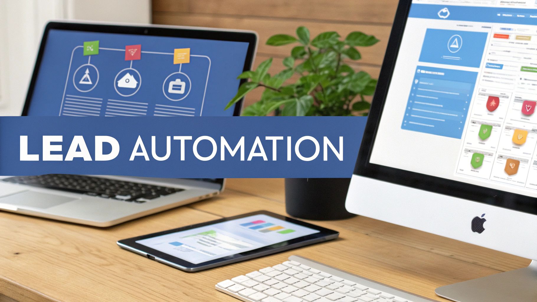 A desk setup with a laptop, monitor, and tablet showing software, overlaid with a 'LEAD AUTOMATION' banner.