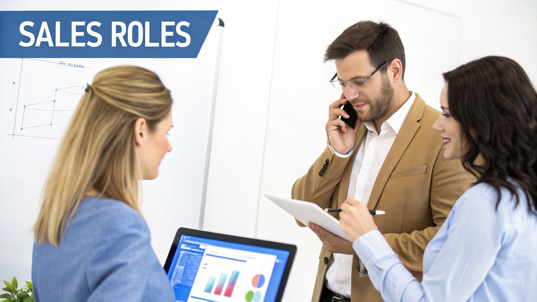 Three sales professionals discussing sales roles and reviewing data in an office setting.