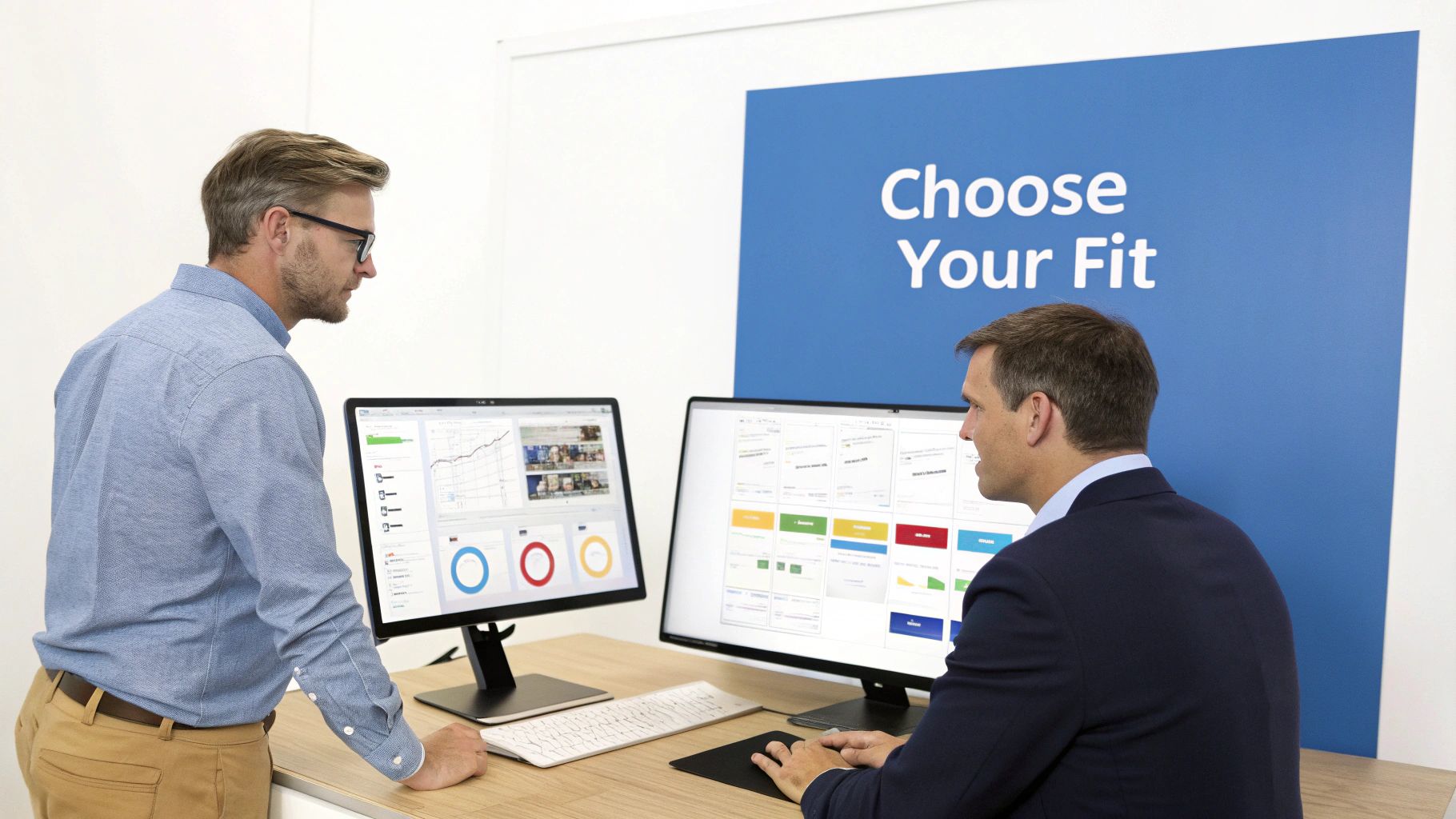 Two professionals collaborating in an office, viewing data analytics and software selection on dual monitors.