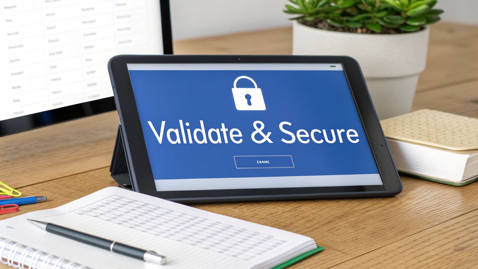 A digital lock and shield icon hovering over a data file, representing data security and validation after an export.