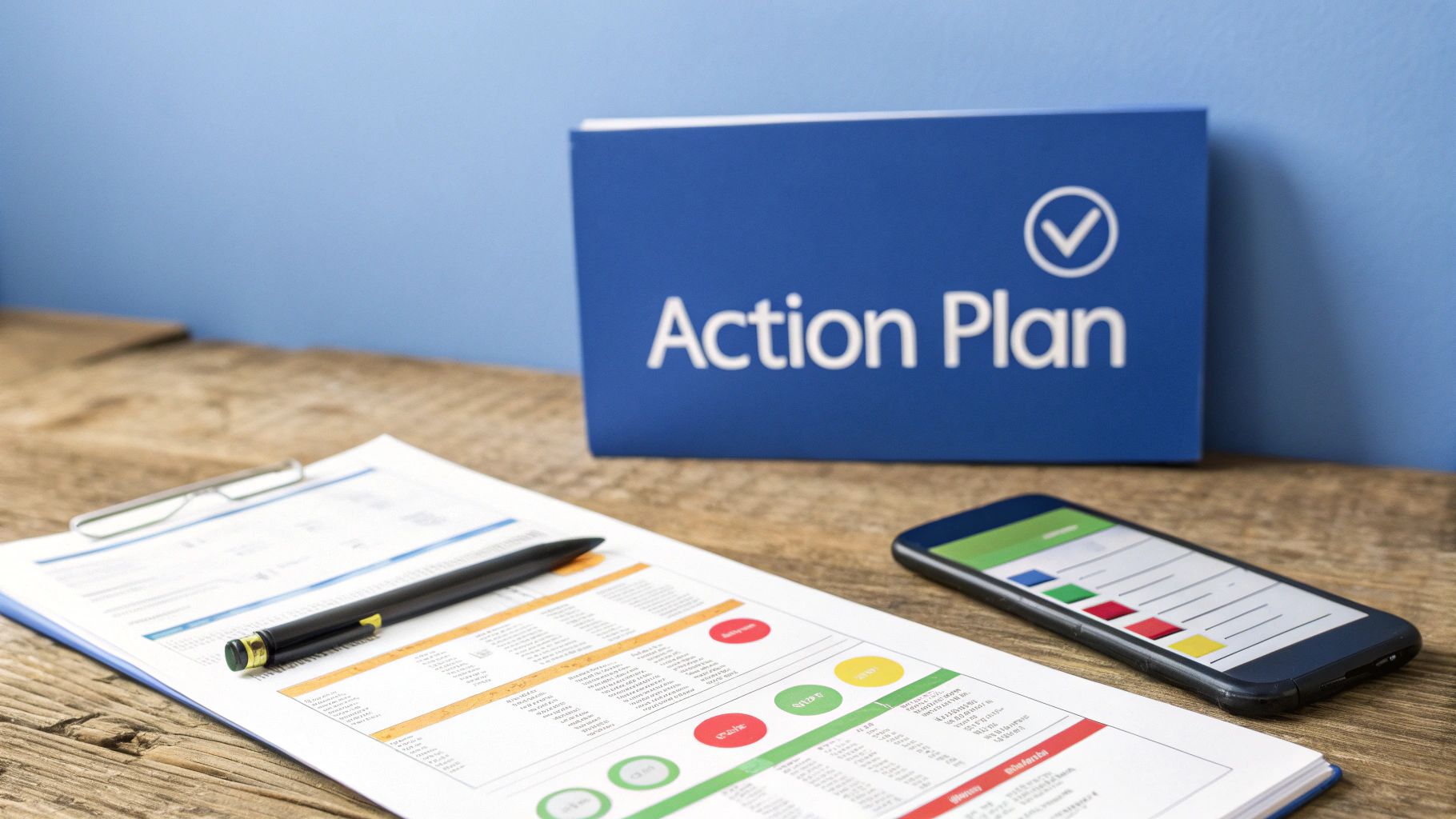 A blue folder labeled 'Action Plan' with documents displaying charts and data, a pen, and a smartphone on a wooden desk.