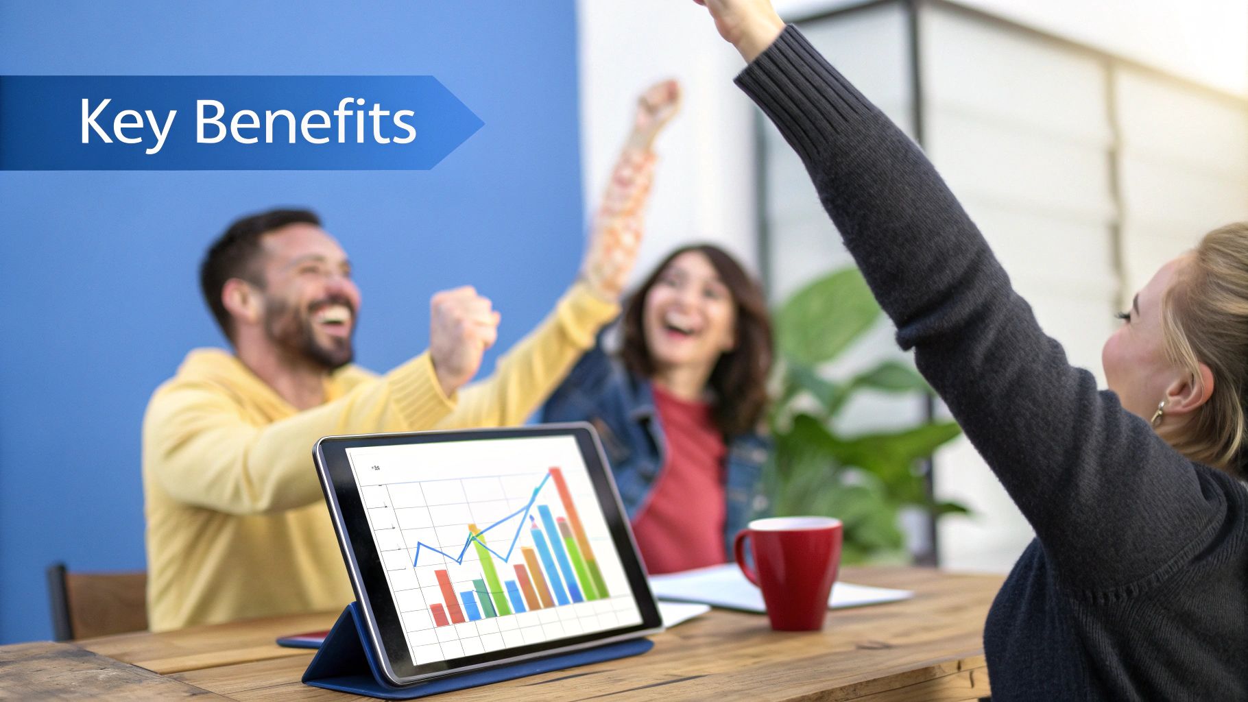 A diverse group of marketing operations professionals discussing a strategy around a digital whiteboard.