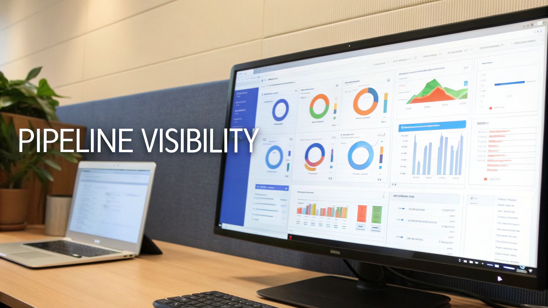 Monitor displaying sales pipeline visibility dashboards with charts and graphs on an office desk.