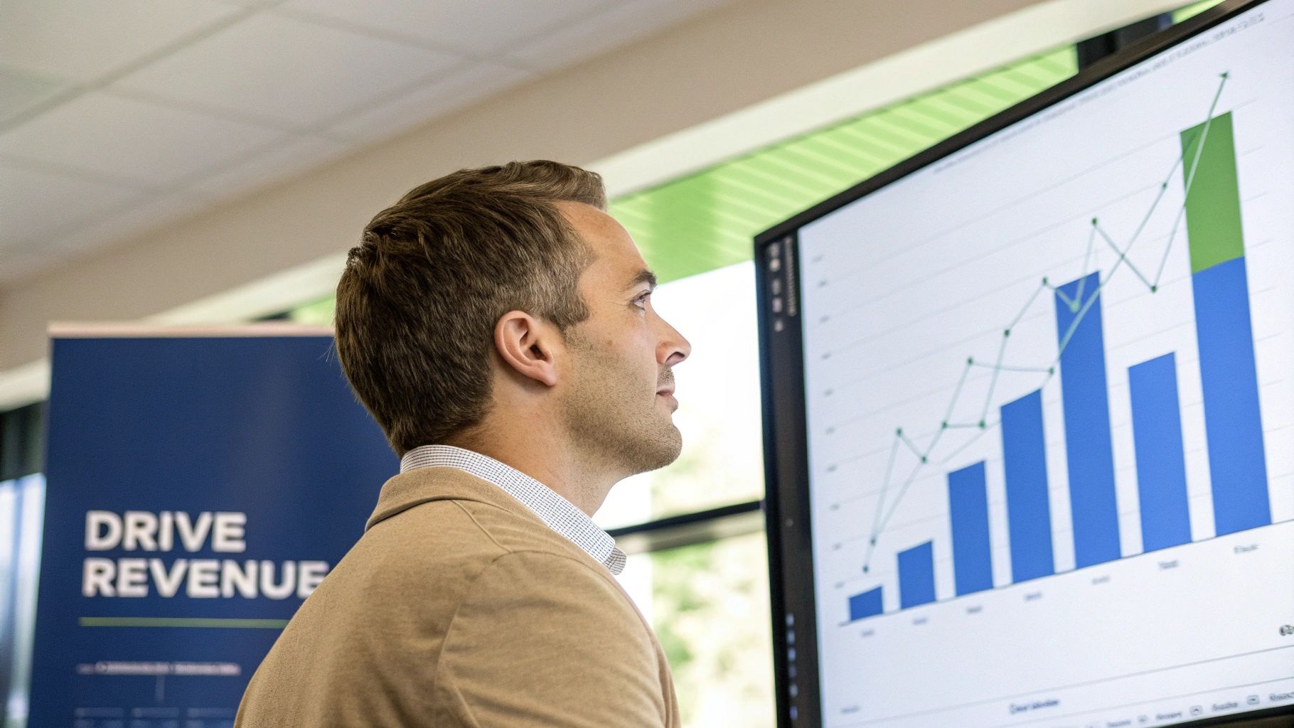 A graph showing upward trending revenue with icons representing increased productivity and shorter sales cycles.