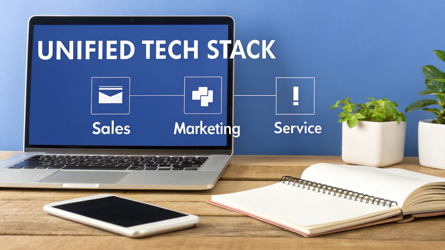 Laptop displaying a unified tech stack for sales, marketing, and service departments.