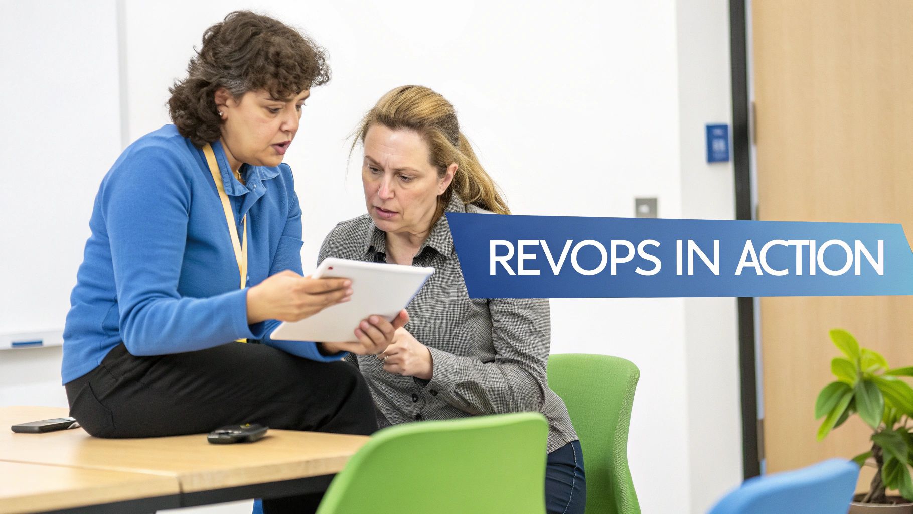 Two women in a modern office space collaborate on a tablet, discussing business strategies.