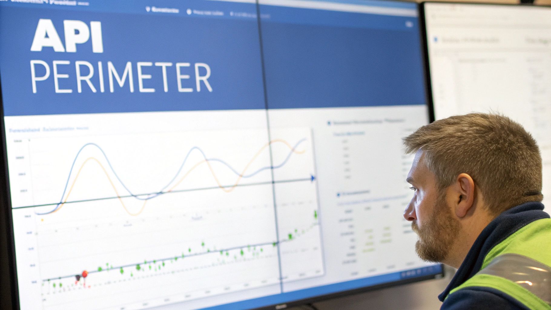 A man in a work vest analyzes API security data on a large monitor displaying graphs.