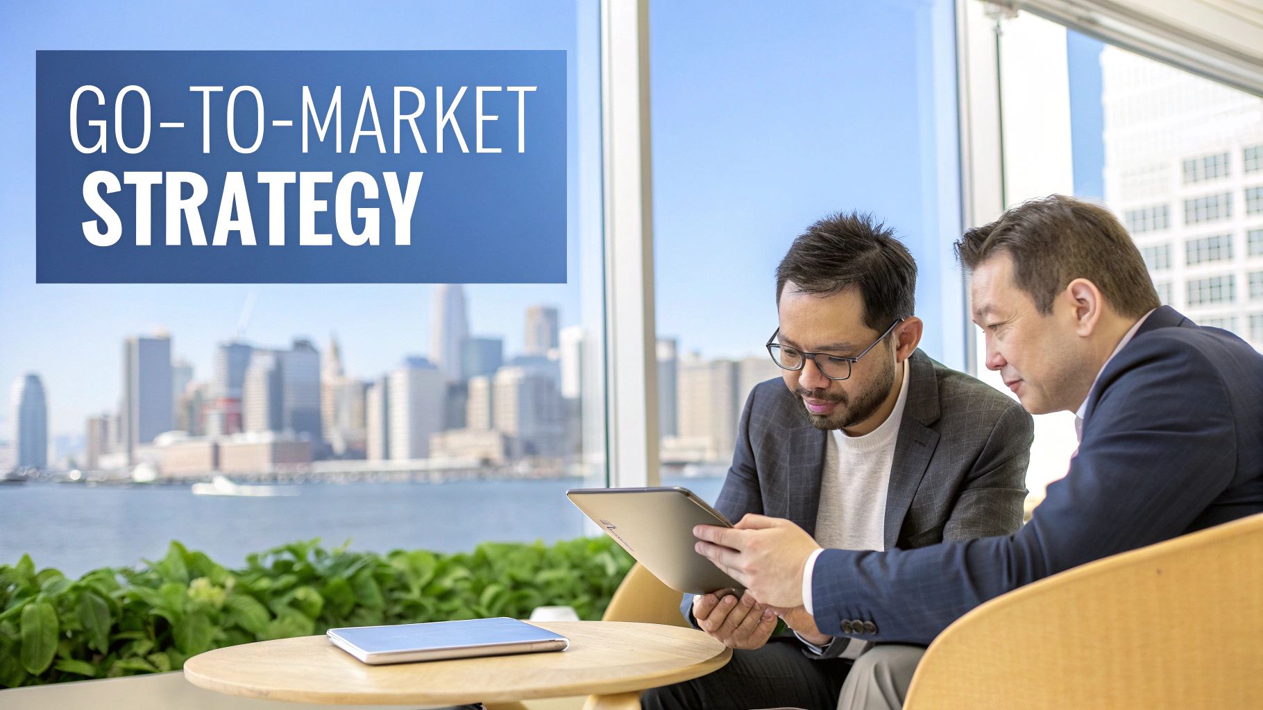 Two men discuss go-to-market strategy on a tablet in a modern office overlooking a city skyline.