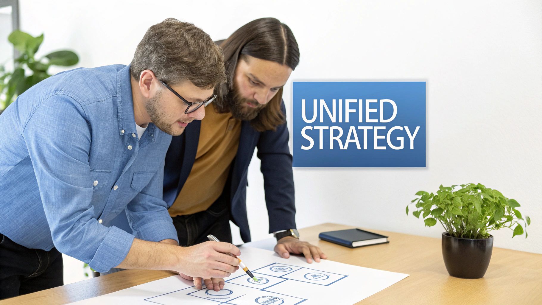 Two men collaborating on a strategic document, with a 'UNIFIED STRATEGY' sign in the background.