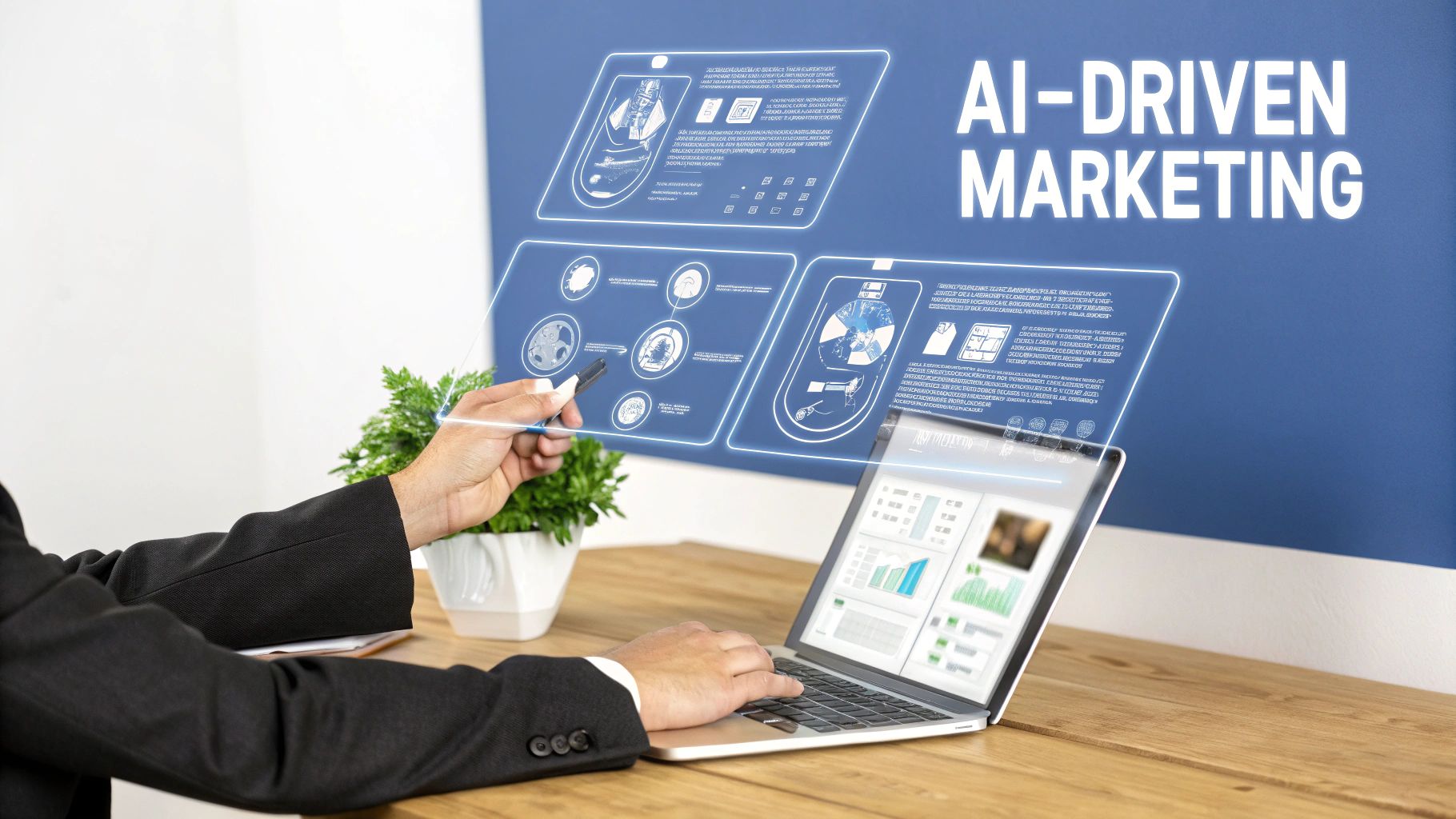 A futuristic interface showing AI-driven data analysis and customer journey mapping, symbolizing the integration of AI in marketing automation.