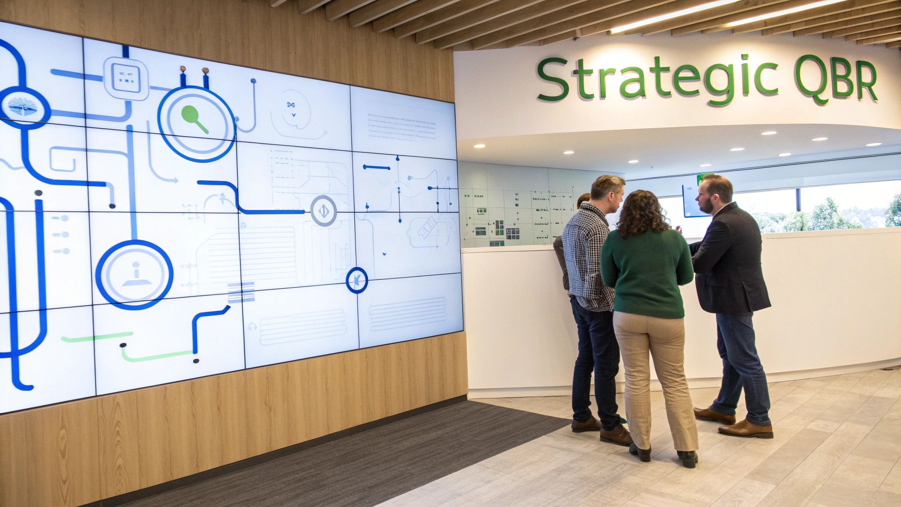 A modern office space with a large video wall displaying diagrams and people discussing near a "Strategic QBR" sign.