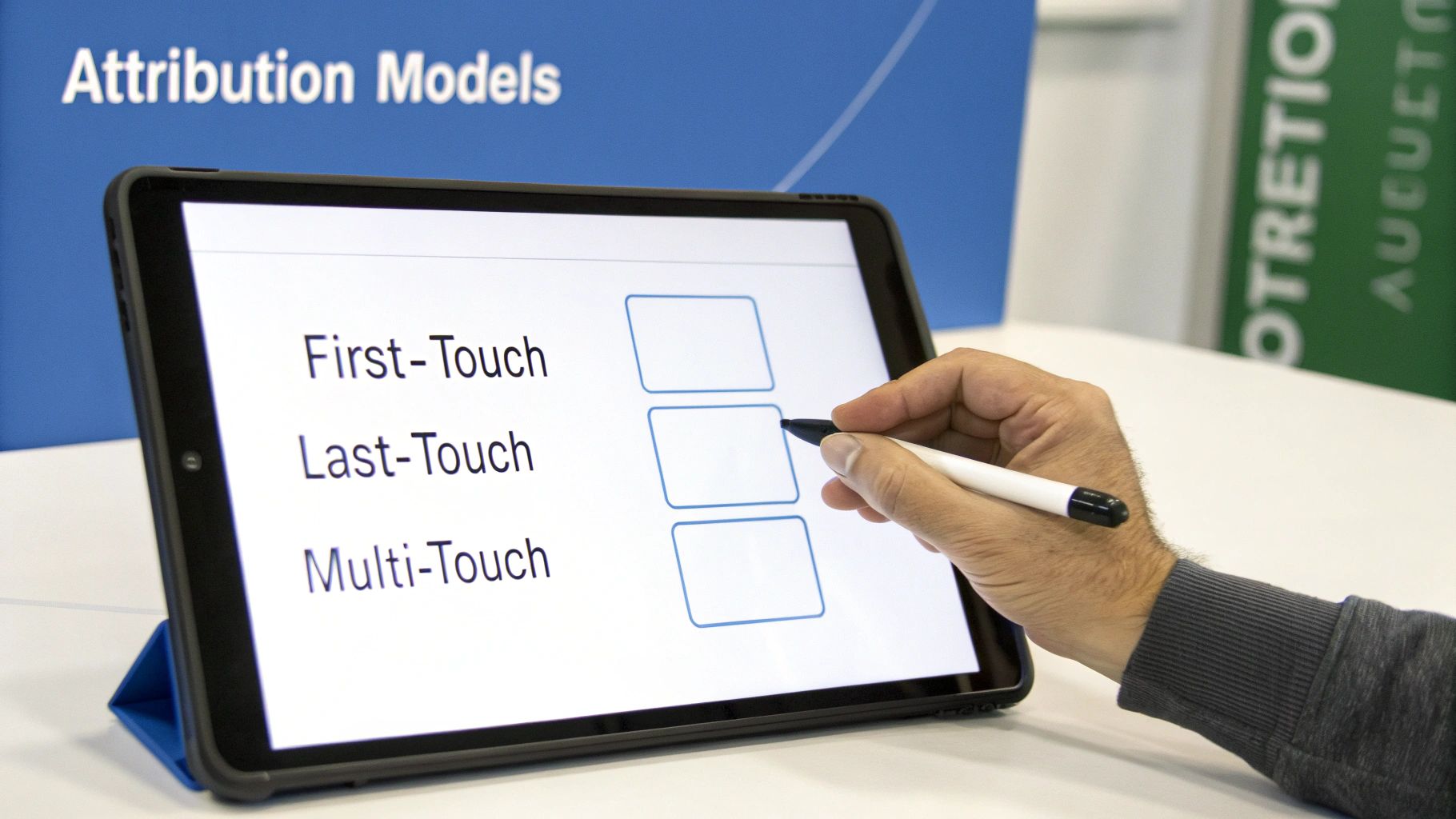 A person at a crossroads, choosing between multiple paths, representing the choice of a B2B attribution model.