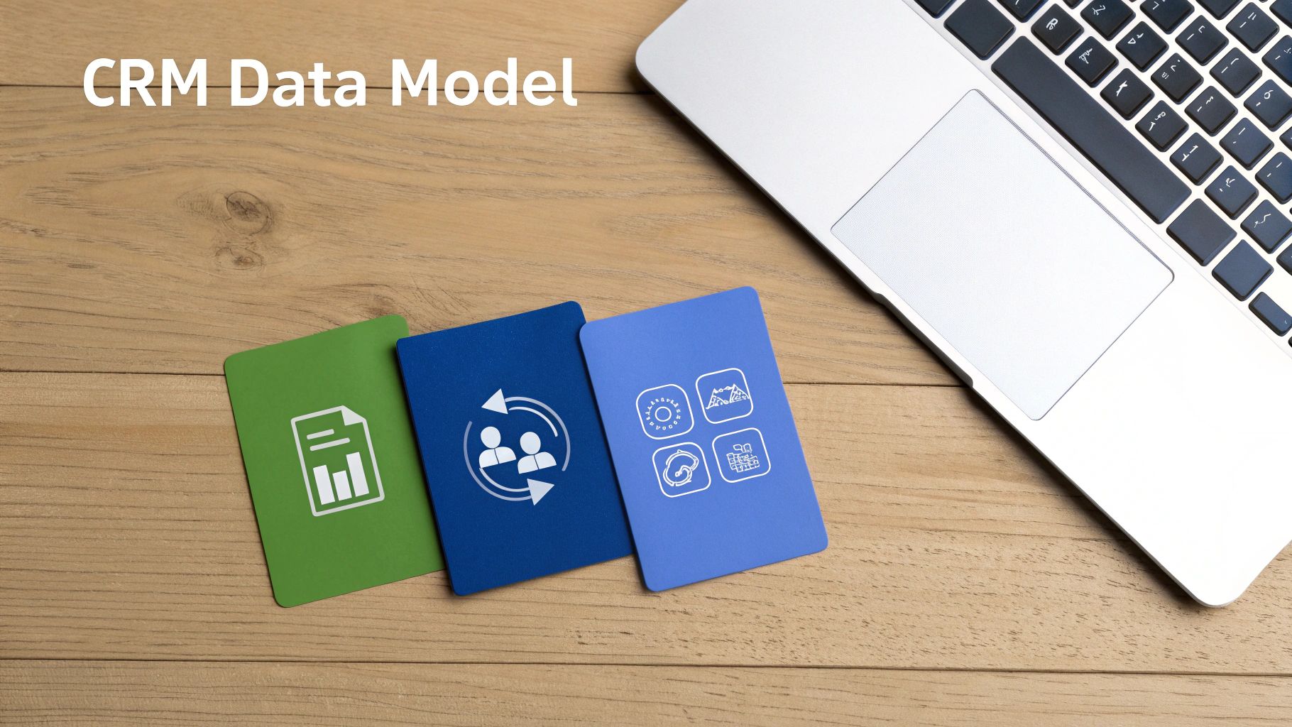 Three colored cards with CRM icons and 'CRM Data Model' text on a wooden desk with a laptop.