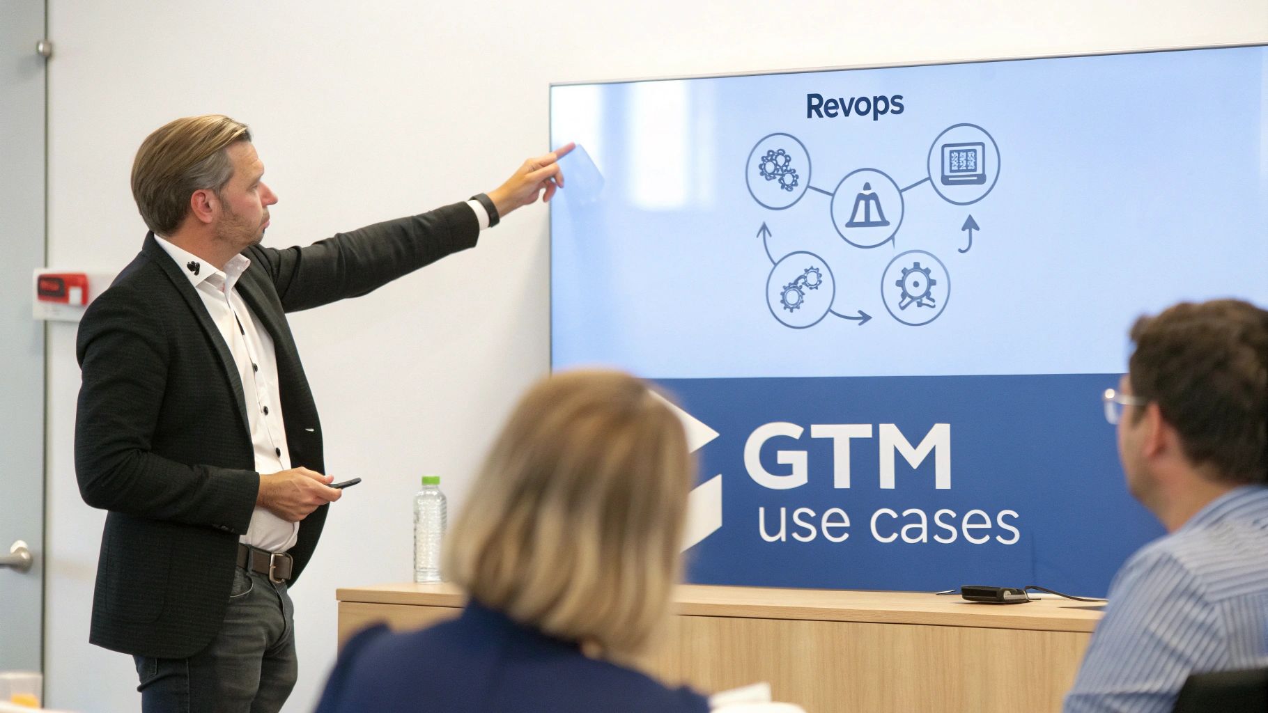 A man presents a Revops diagram and GTM use cases on a screen to an audience.