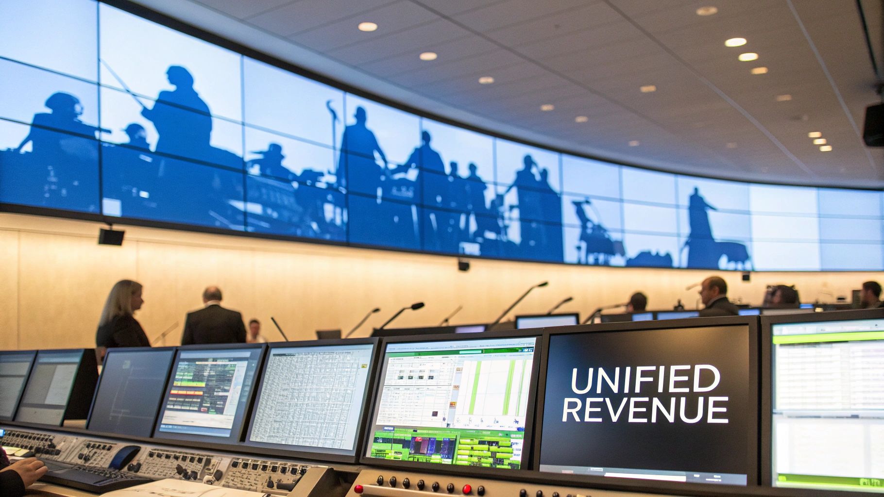 Modern control room showing screens with data and 'Unified Revenue' text, with people working.