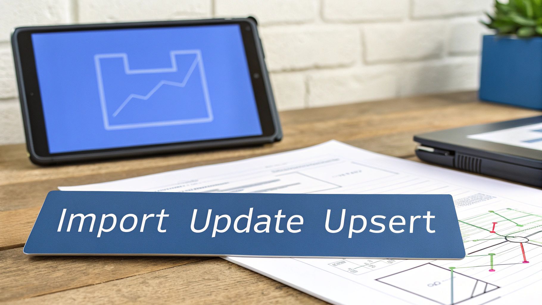 A blue sign with 'Import Update Upsert' on a wooden desk with a tablet and papers.