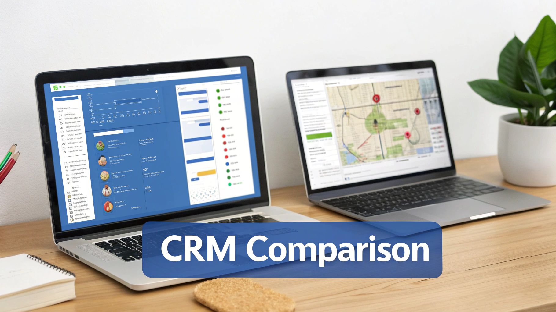 Two laptops on a wooden desk displaying CRM dashboards with a 'CRM Comparison' banner.