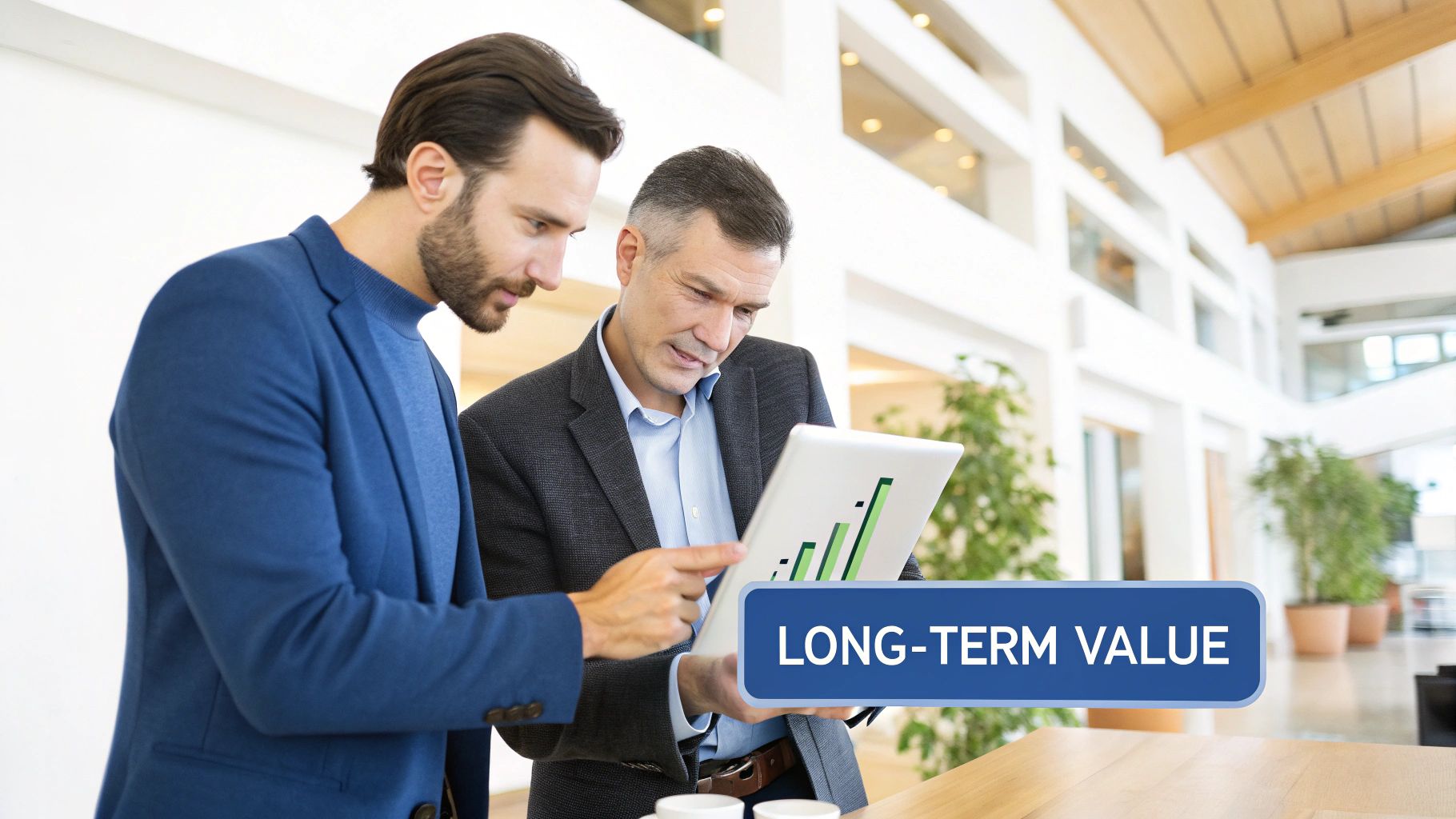 Two businessmen discussing a tablet displaying a bar graph, emphasizing 'LONG-TERM VALUE'.