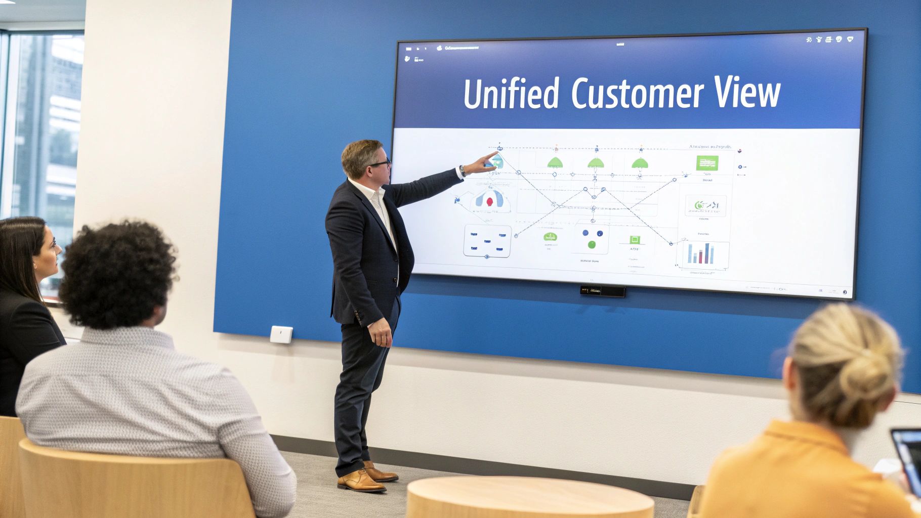 A man presents a "Unified Customer View" diagram on a large screen to an audience in a modern office.