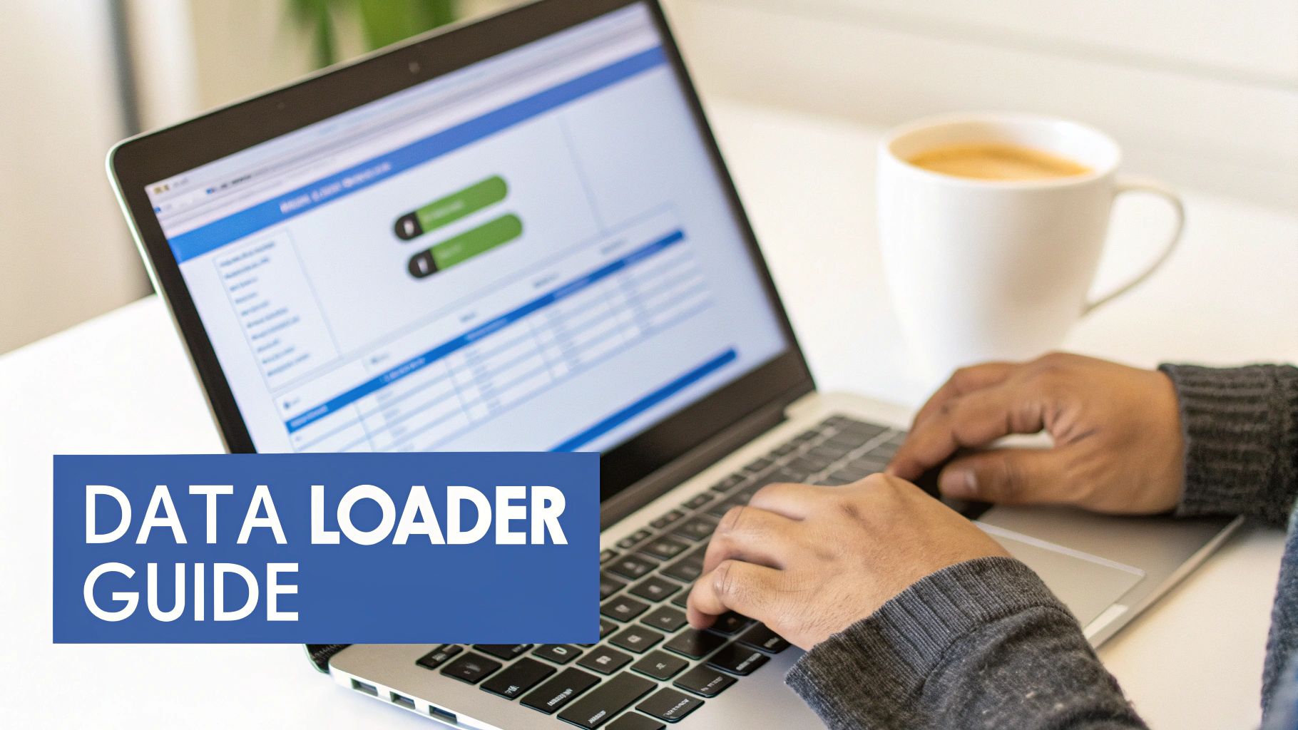 Person typing on a laptop with a 'Data Loader Guide' overlay, a coffee mug nearby.