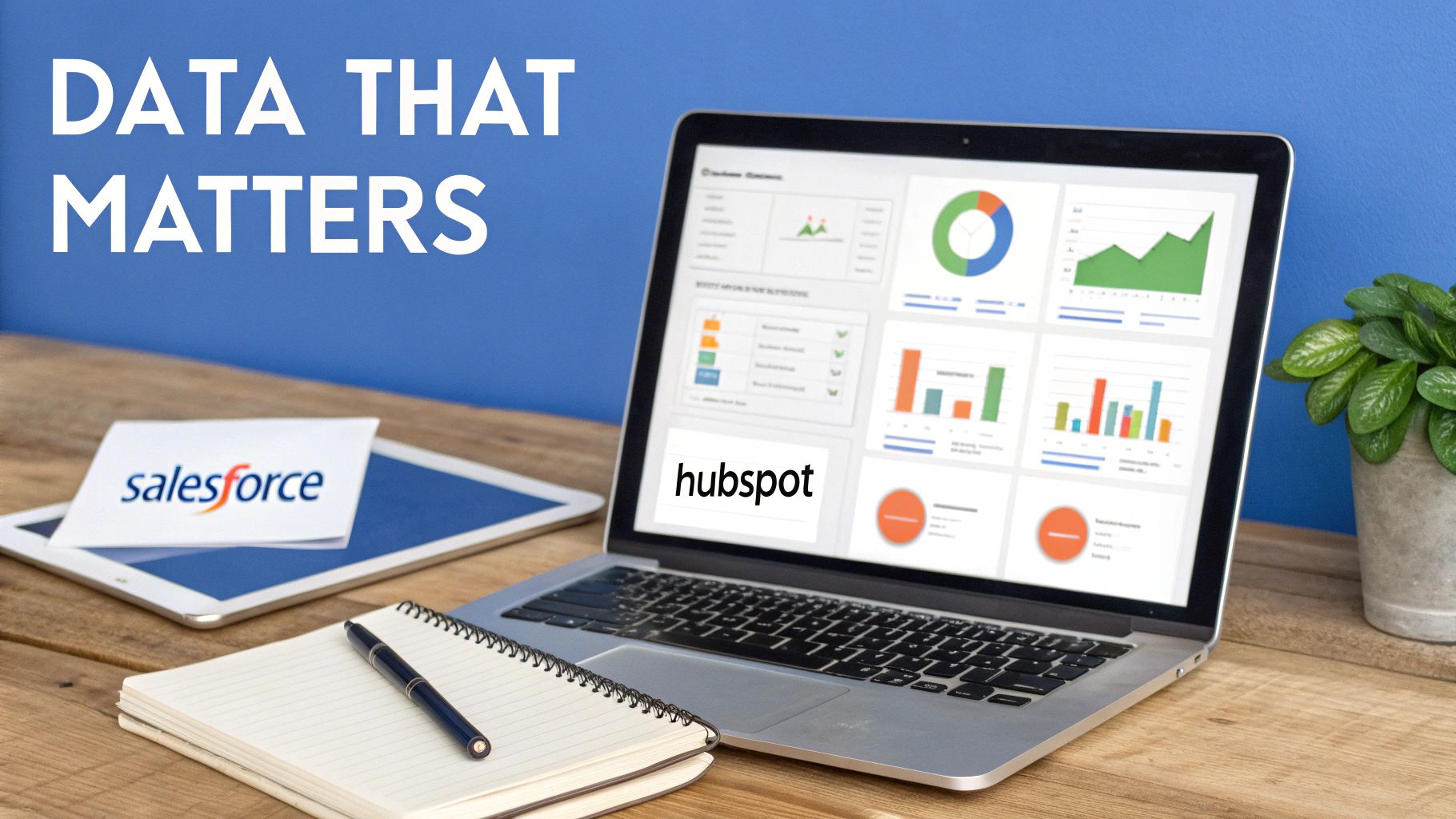 Laptop displaying a business data dashboard with HubSpot logo, Salesforce document, and office supplies.