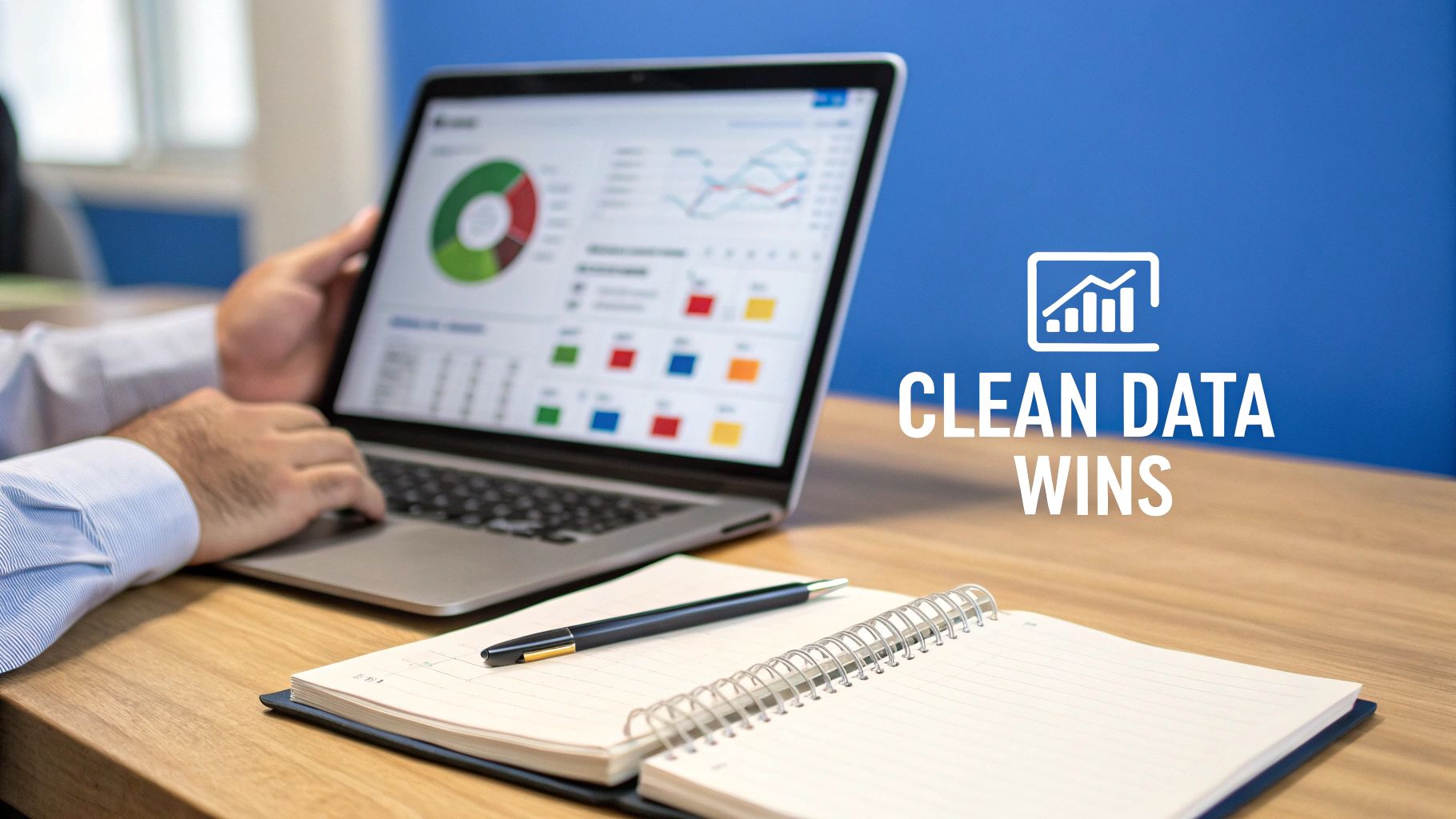 A person types on a laptop displaying data charts, with a notebook and pen nearby. Text: CLEAN DATA WINS.