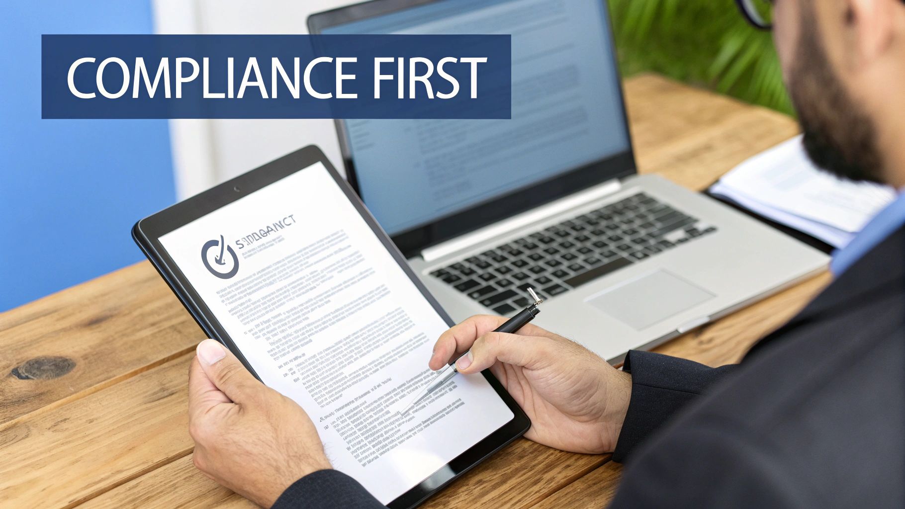 A person reviews digital documents on a tablet and laptop, with a 'COMPLIANCE FIRST' banner overlay.