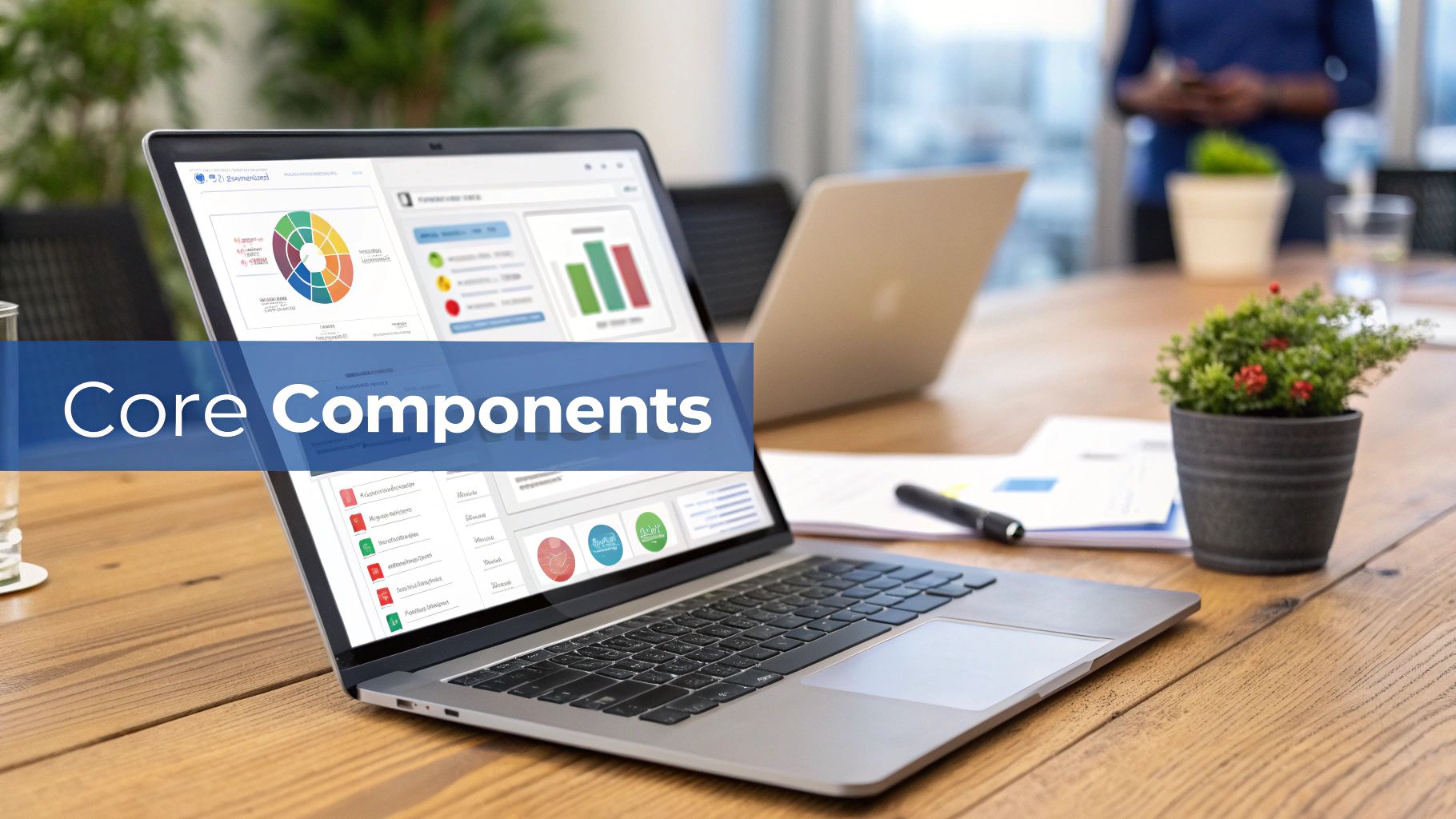 A laptop on a wooden desk displaying a business dashboard with charts and graphs, in an office setting.
