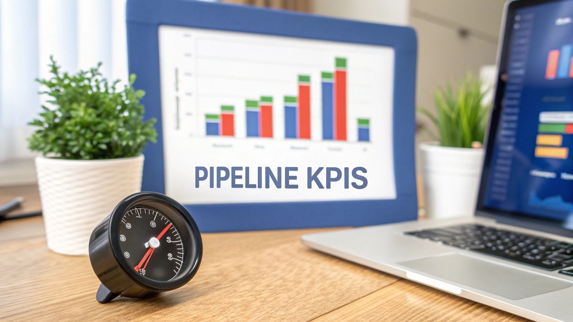 A desk with a monitor displaying a 'PIPELINE KPIS' chart, a laptop, a timer, and two potted plants.