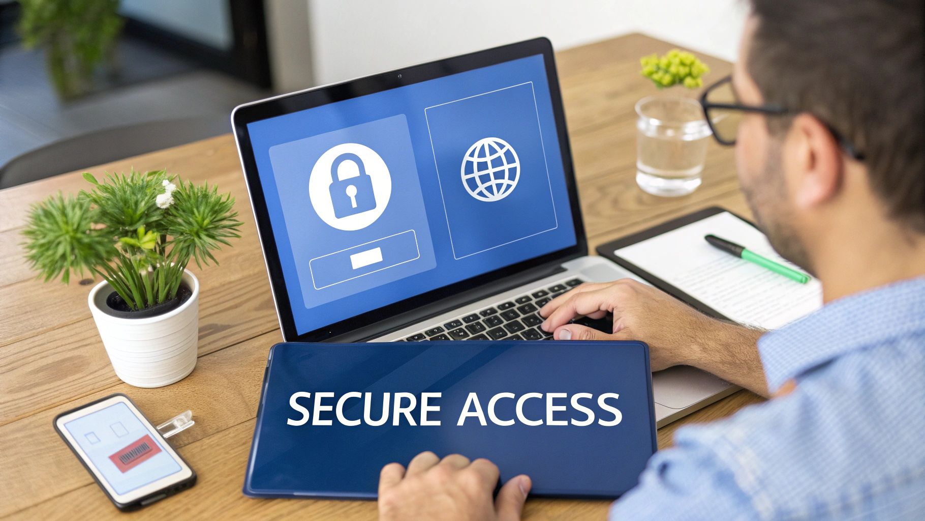 Person typing on a laptop displaying secure access icons, emphasizing digital security.