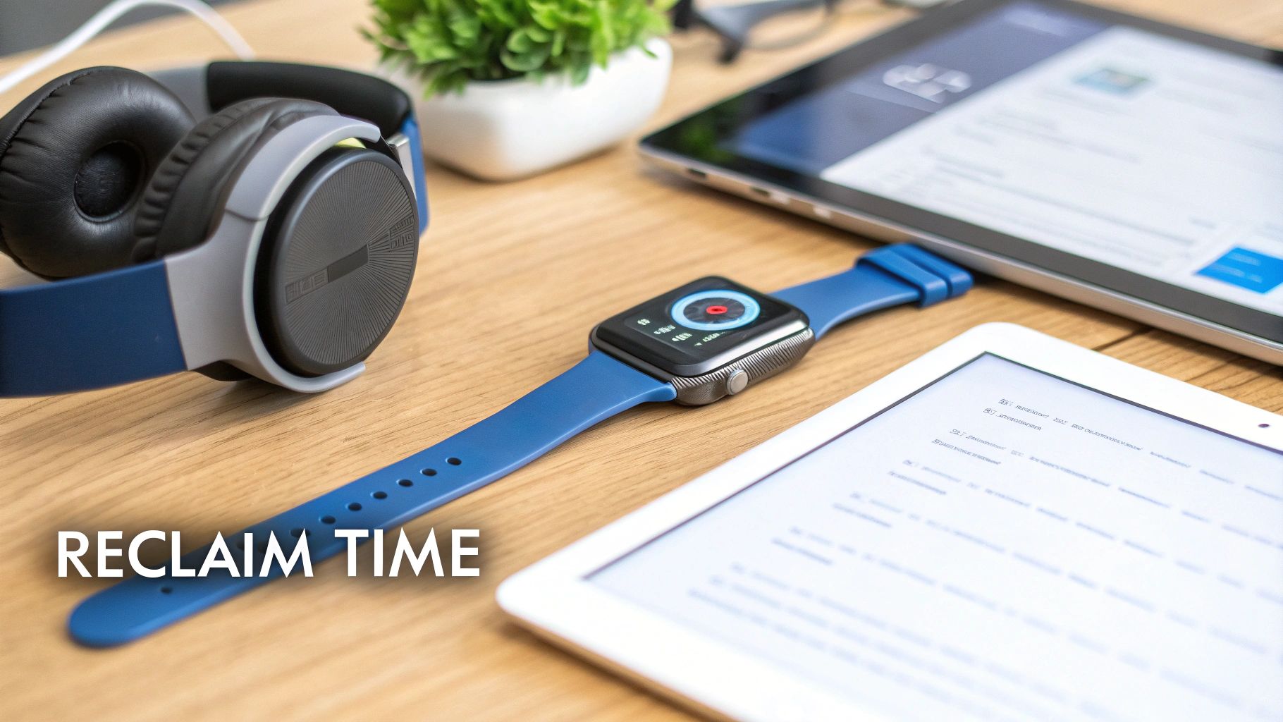 A flat lay of modern tech gadgets including headphones, an Apple Watch, and tablets on a wooden desk.