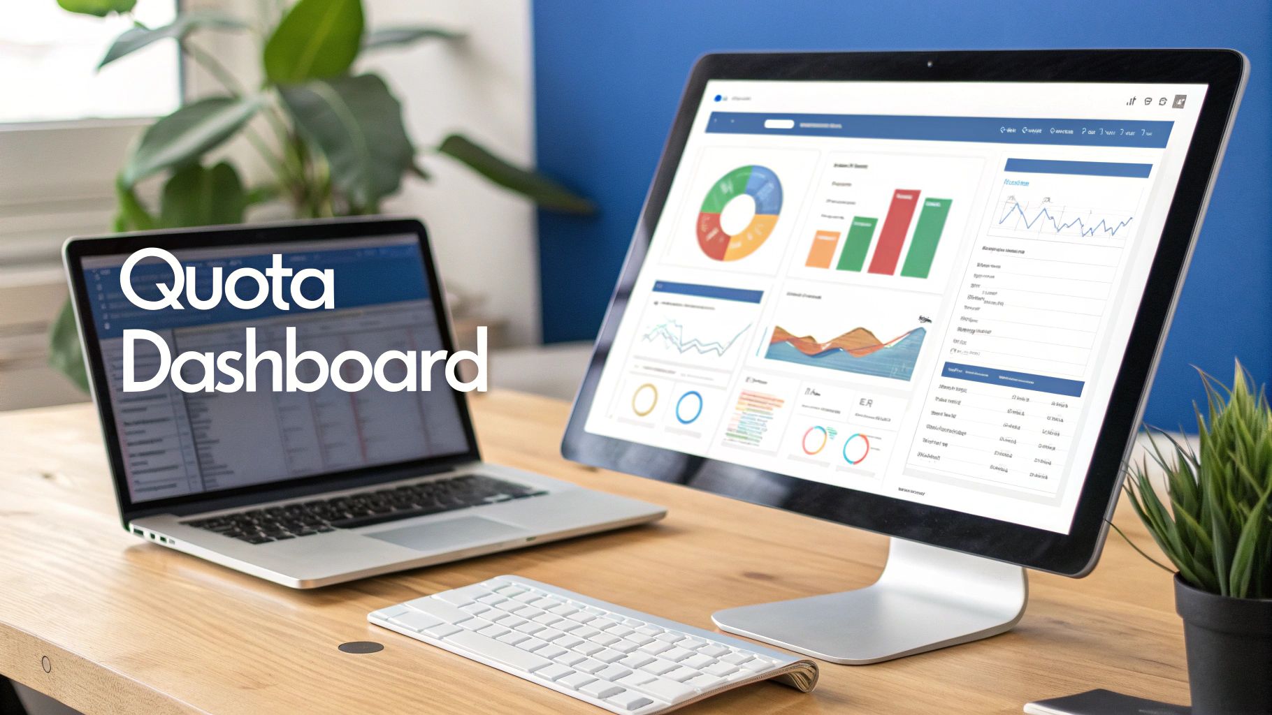 Office setup featuring a laptop and an external monitor displaying a sales quota dashboard.