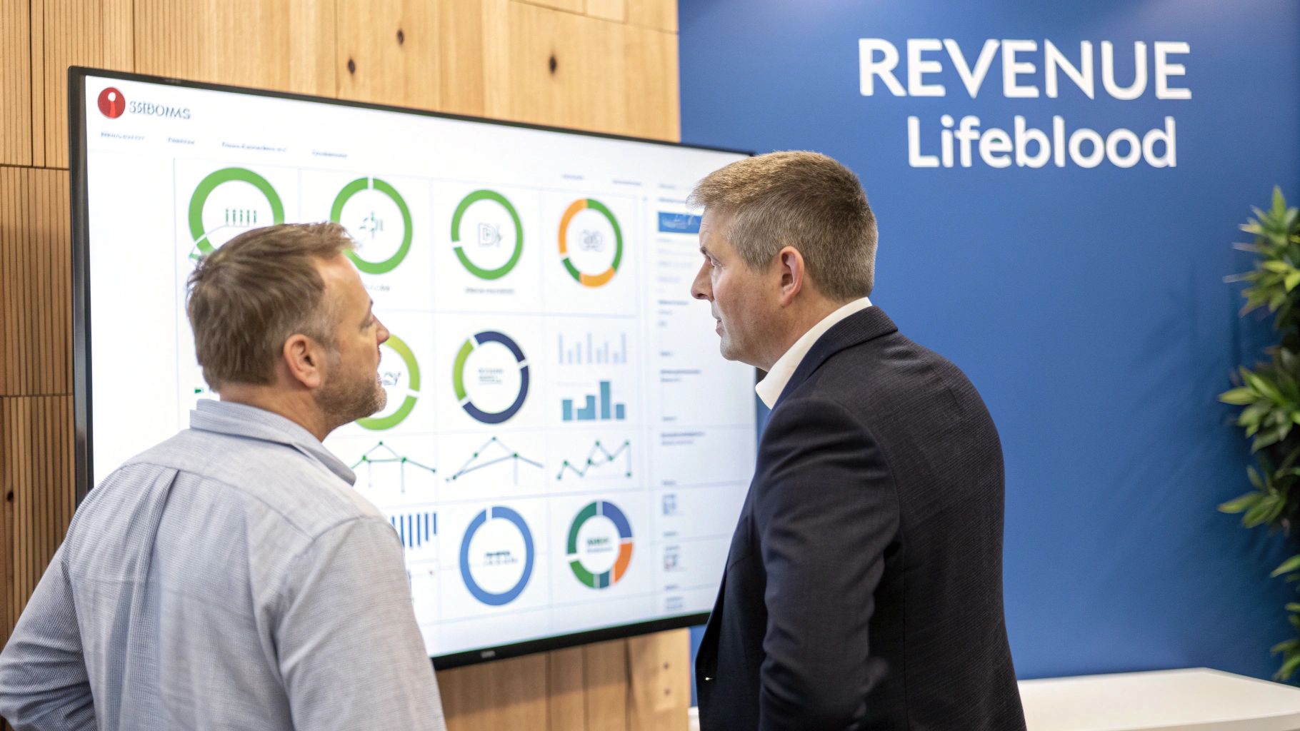 Two professionals discuss sales performance metrics displayed on a large interactive screen.