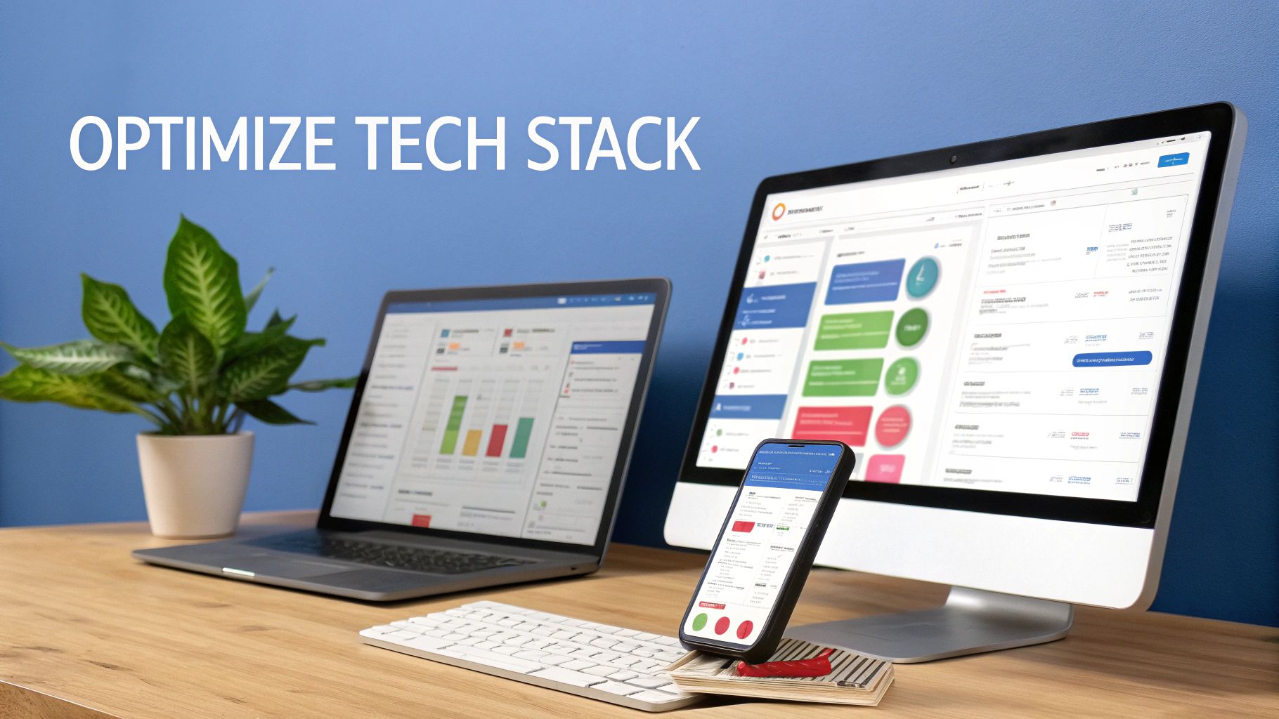 A modern workspace setup with a laptop, monitor, and smartphone displaying data to optimize a tech stack.