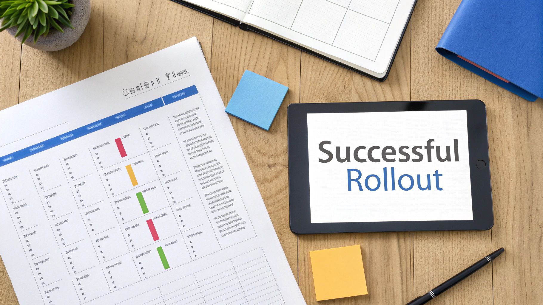 Tablet displaying successful rollout message with project planning document and sticky notes on wooden desk