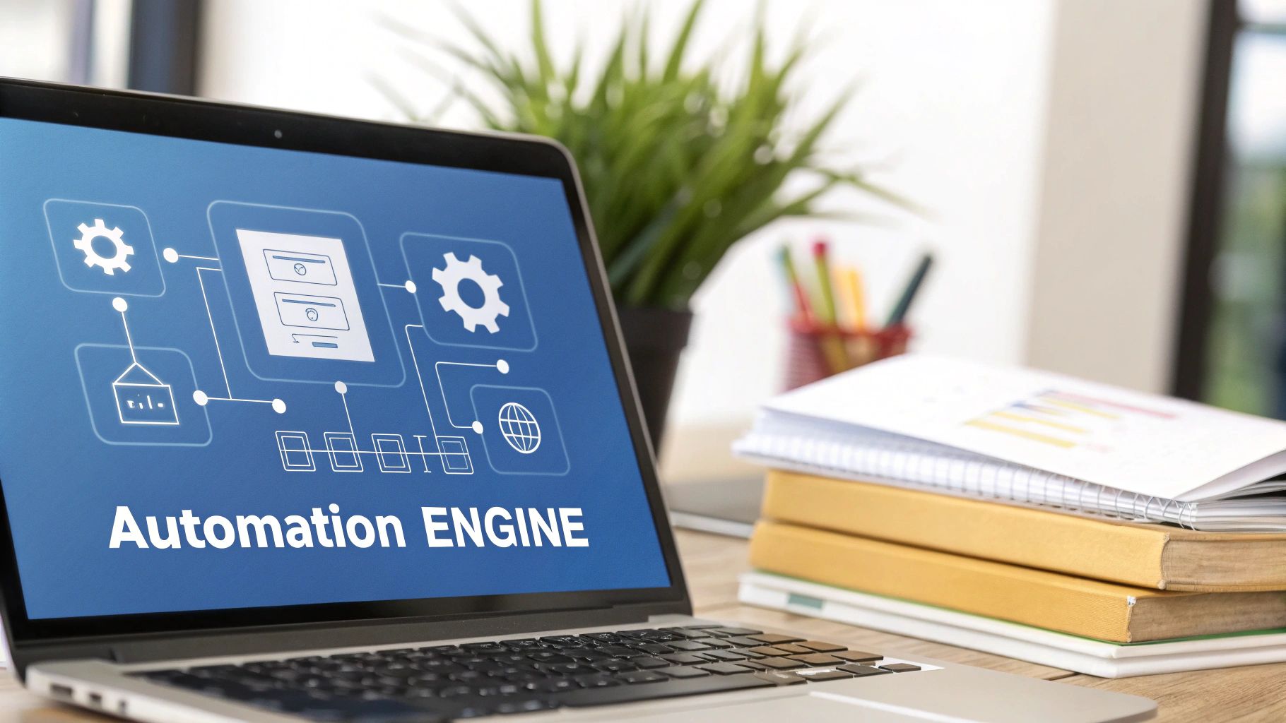 Laptop displaying automation engine diagram with gears and workflow icons on office desk